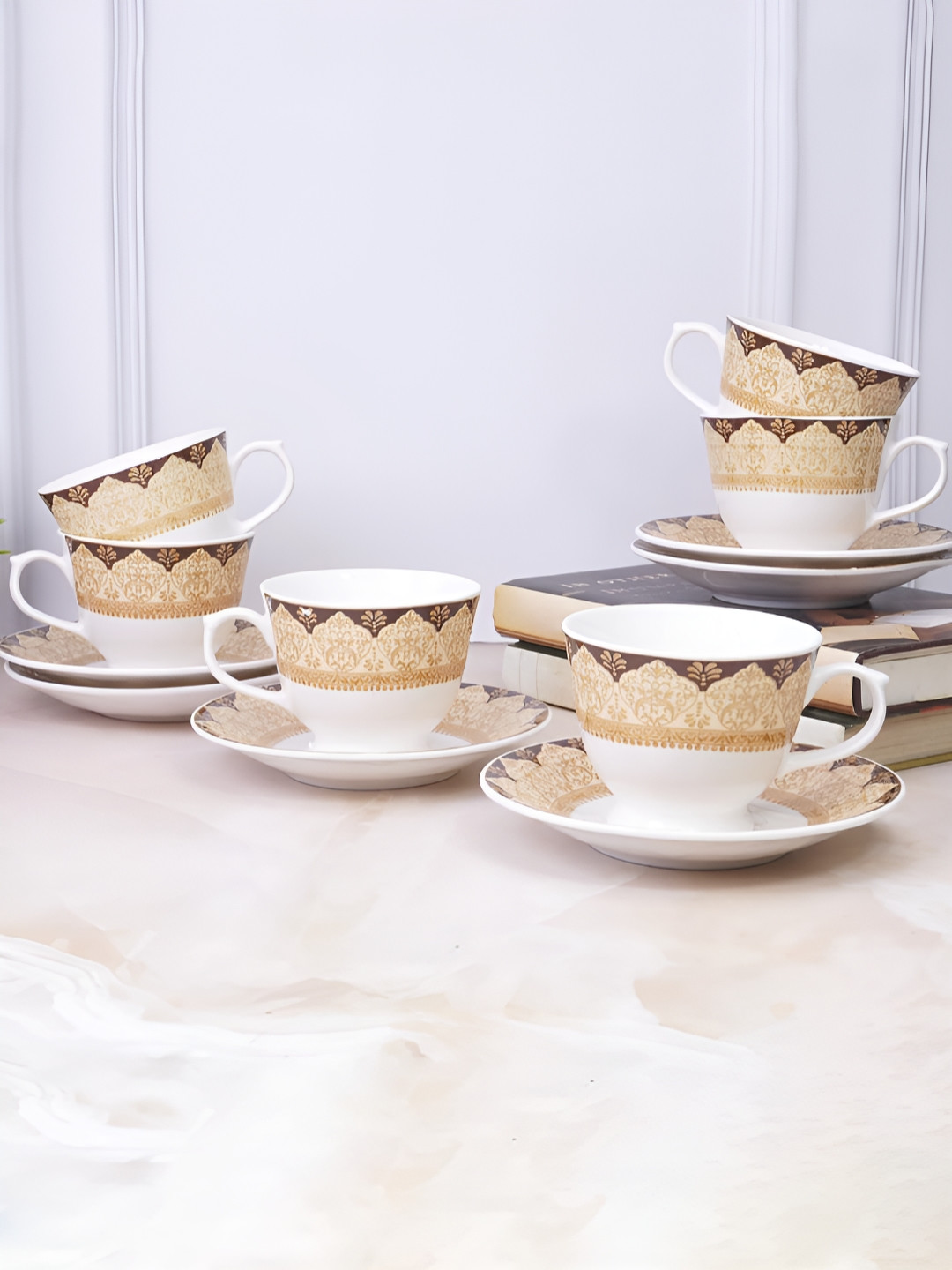 UPC Sivas White Floral Ceramic Handmade 12 Piece Cups-180ml