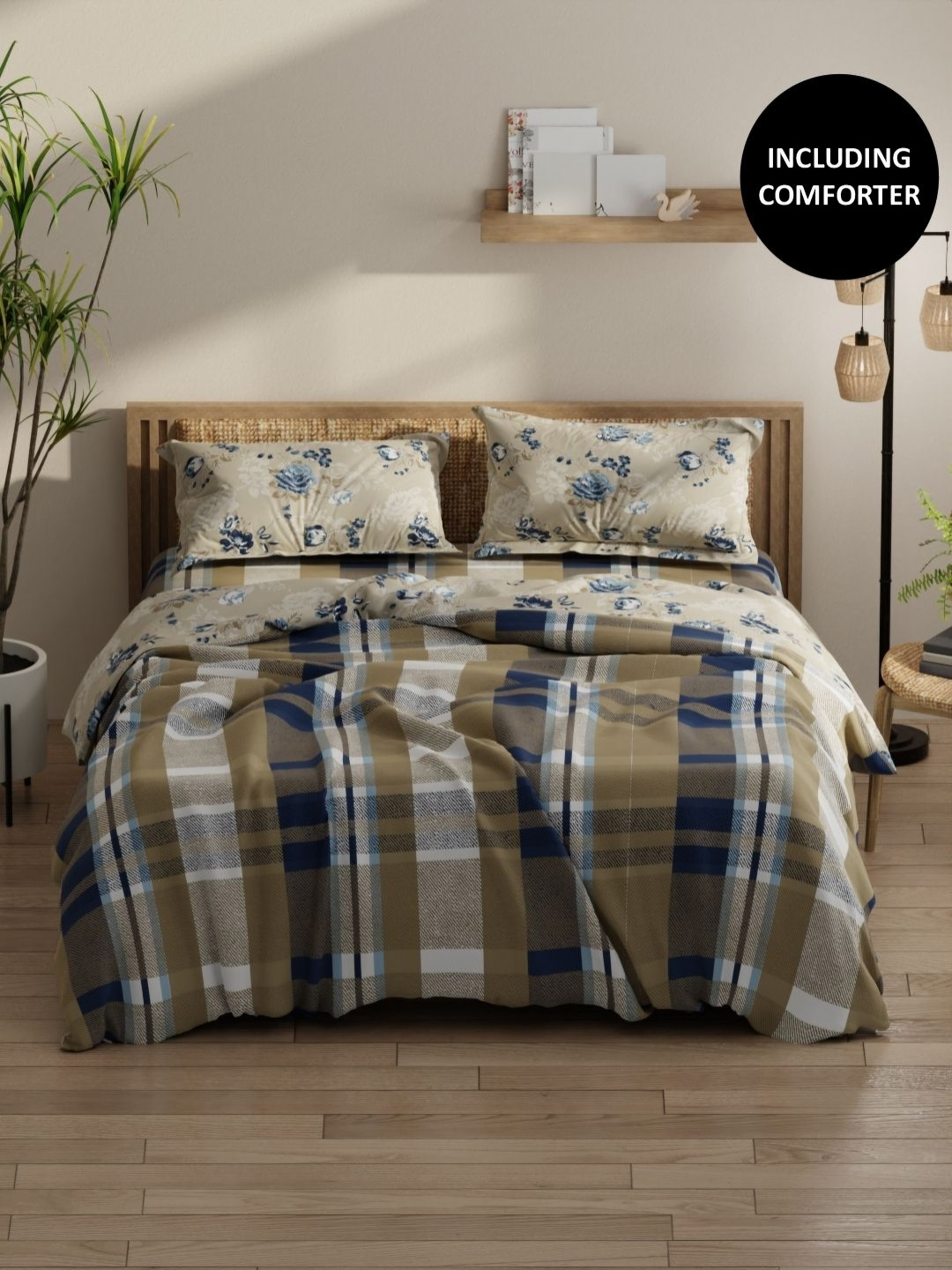 KOPA Beige & Navy Blue 4 Pcs Printed Cotton Queen Comforter & Bedsheet 2 Pillow Covers
