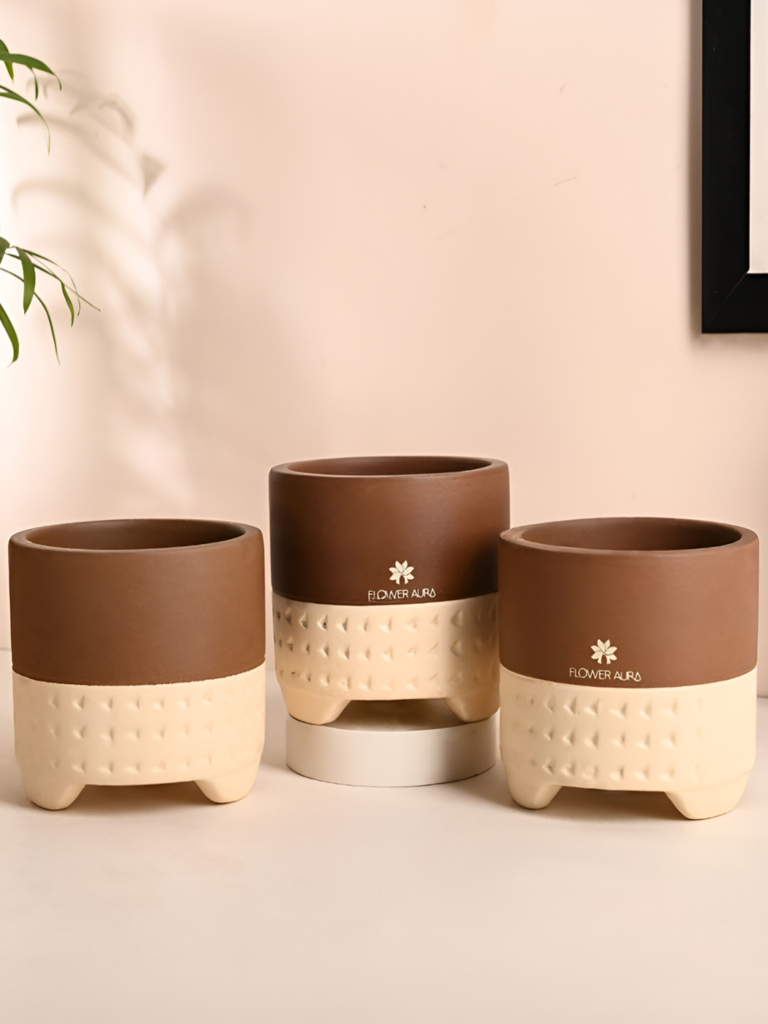 Floweraura Brown & Cream 3 Pieces Textured Teracotta Planters Pot