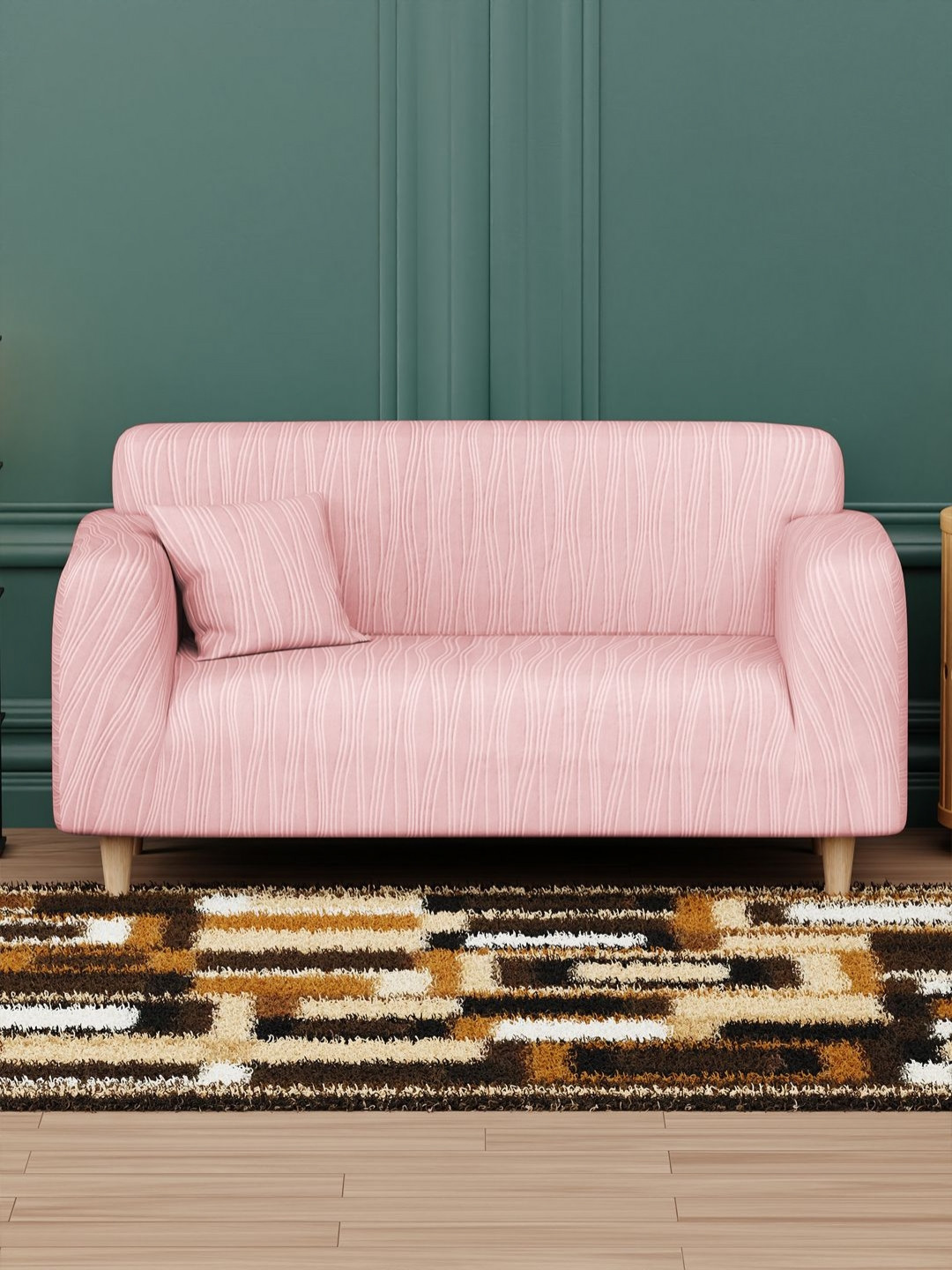 Myntra Elegant Homes Pink Wavy Stripes Sofa Cover With Cushion Cover