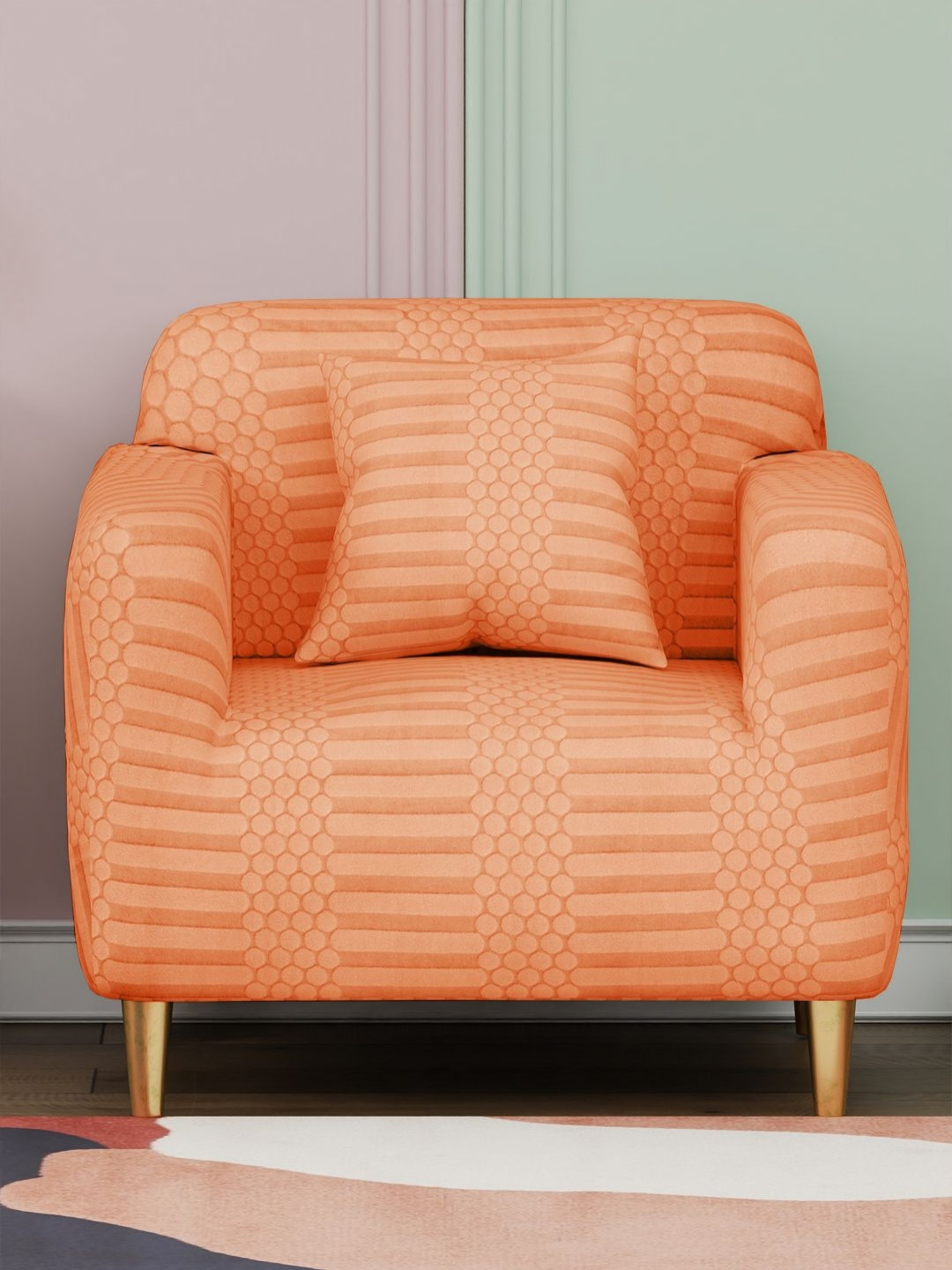 Myntra Elegant Homes Orange-Coloured Dotted Stripe Jacquard Sofa Cover With Cushion Cover