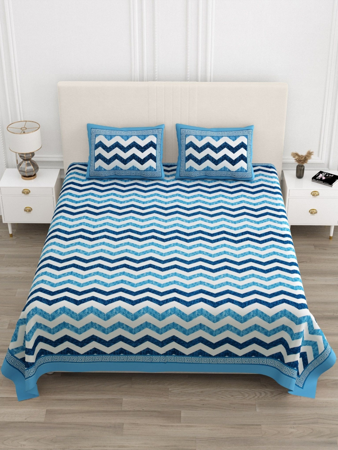 Jinaya's White Chevron Pure Cotton 210 TC King Bedsheet with 2 Pillow Covers-227 x 274 cm
