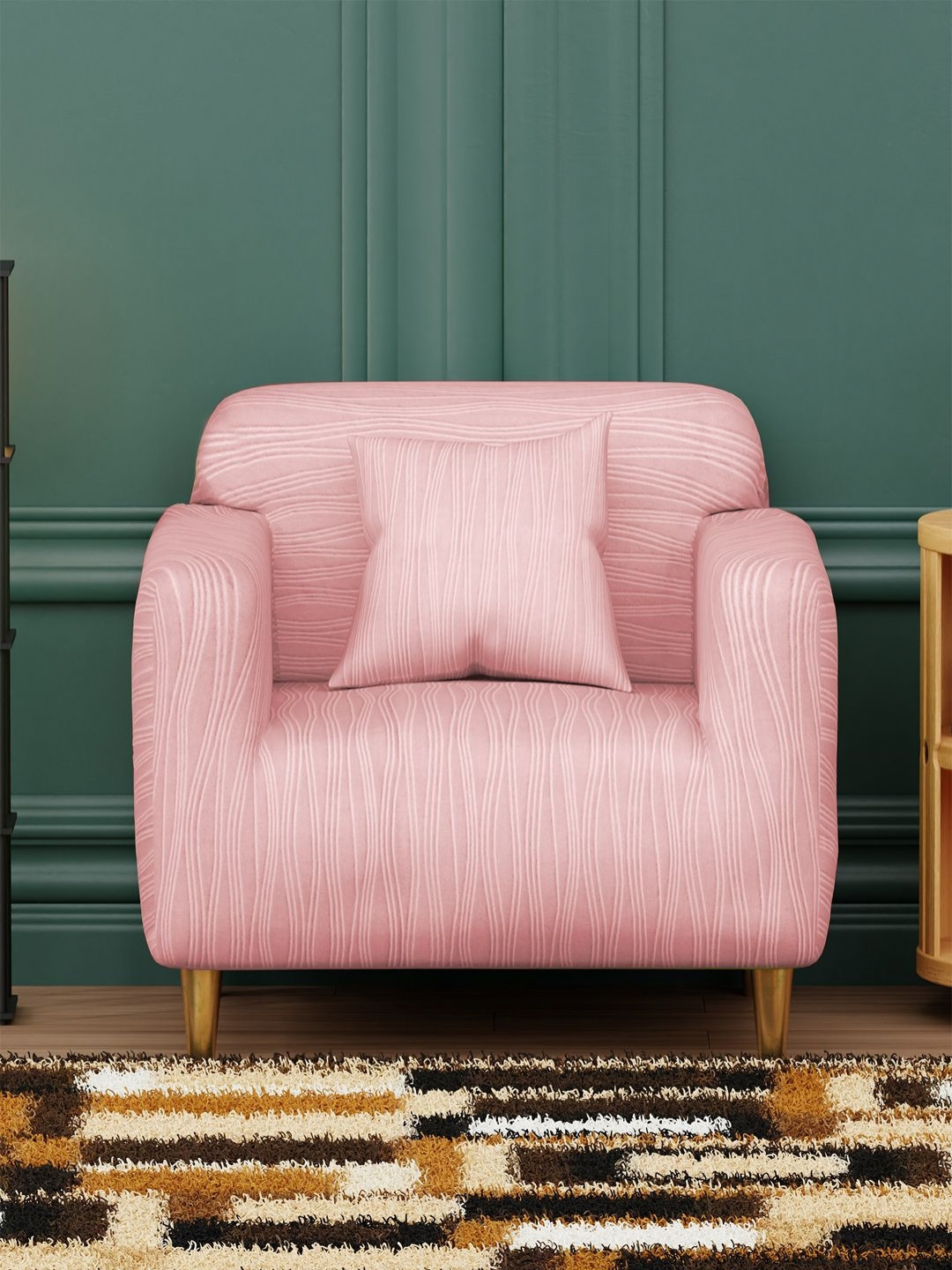 Myntra Elegant Homes Pink Wavy Stripes Pattern Single Seater Sofa Cover With Cushion Cover