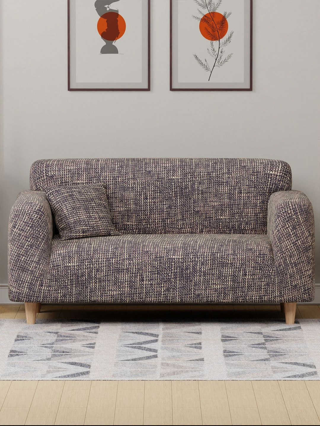 Myntra Elegant Homes Brown Self Design Two Seater Sofa Cover With Cushion Cover