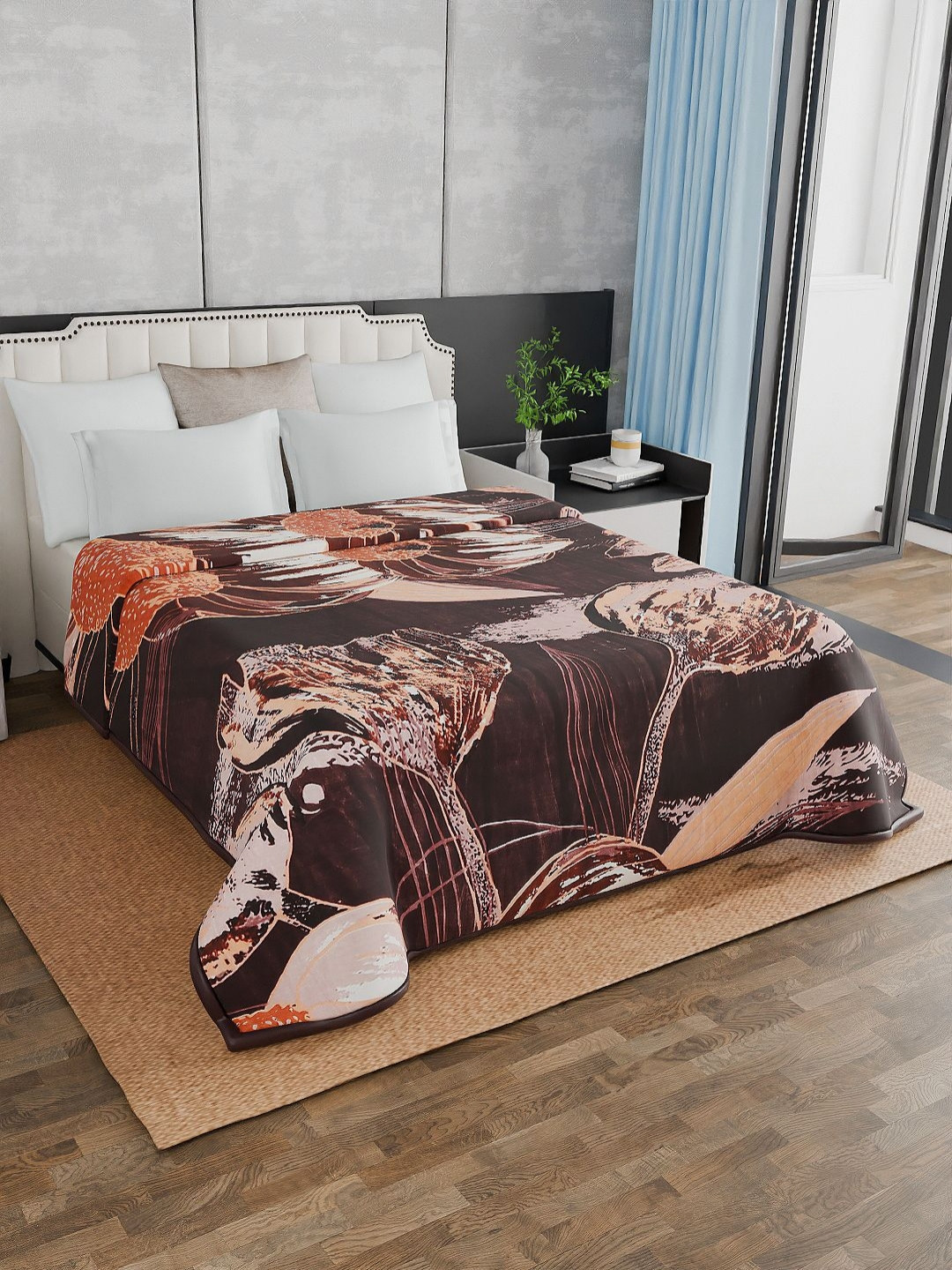 Nivasam Orange & Brown Floral Mink Heavy Winter Double Bed Blanket