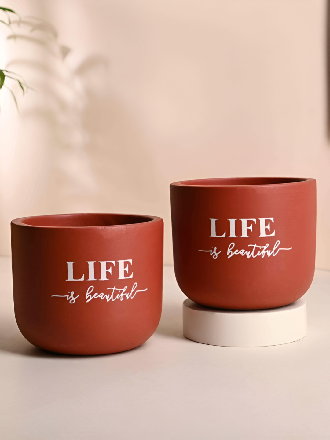 Floweraura Brown & White 2 Pieces Printed Teracotta Planters Pot