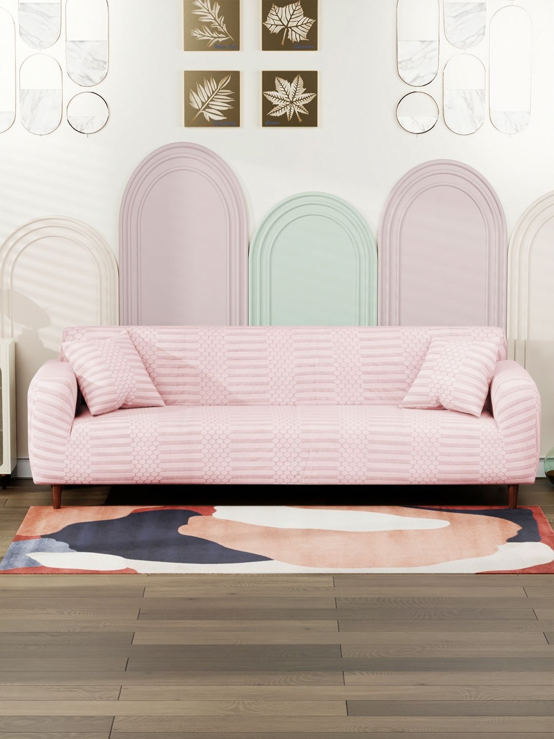Myntra Elegant Homes Pink Dotted Stripe Four Seater Jacquard Sofa Cover & 2 Cushion Covers