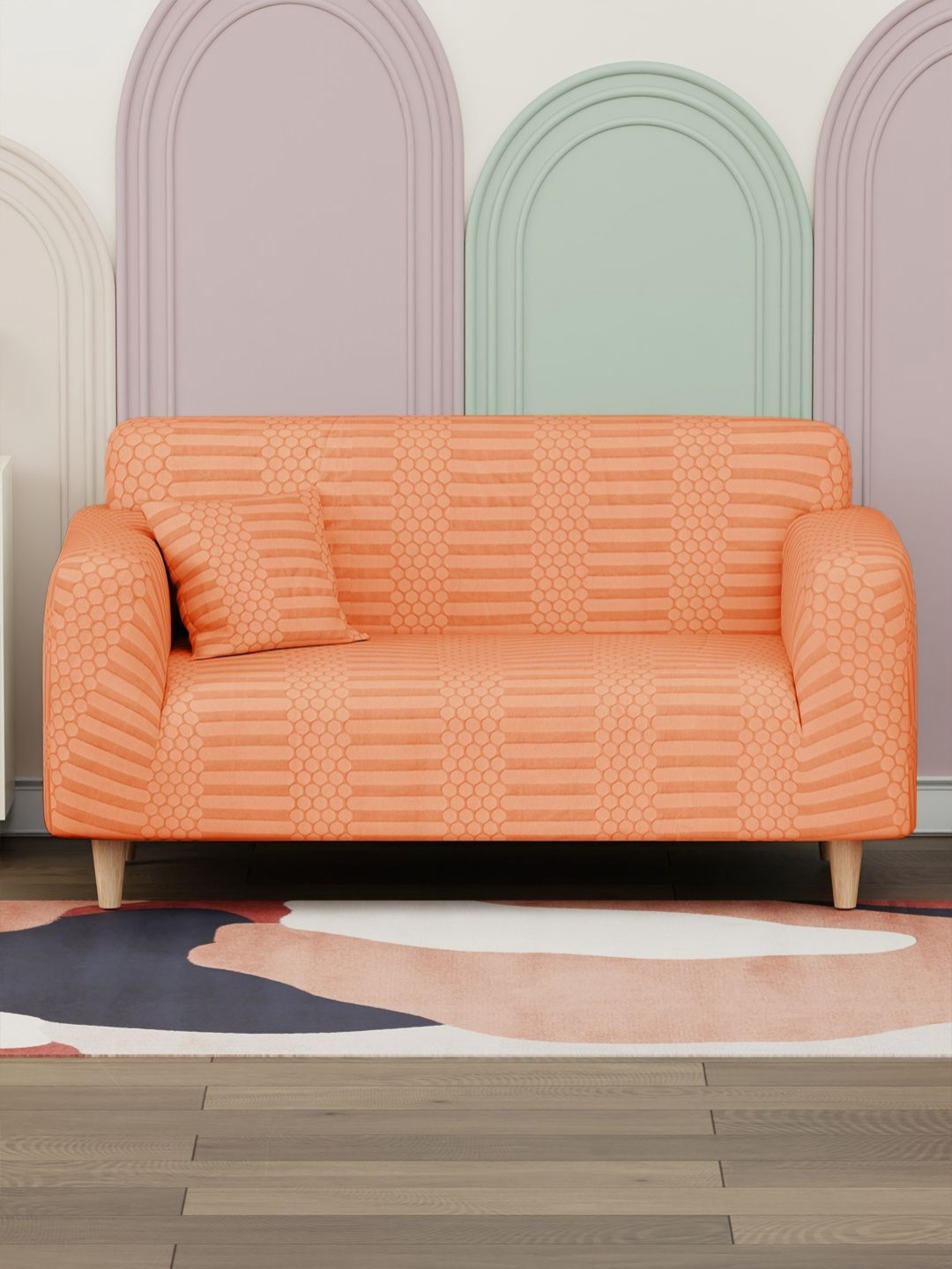 Myntra Elegant Homes Orange-Coloured Dotted Stripe Pattern Sofa Cover With Cushion Cover