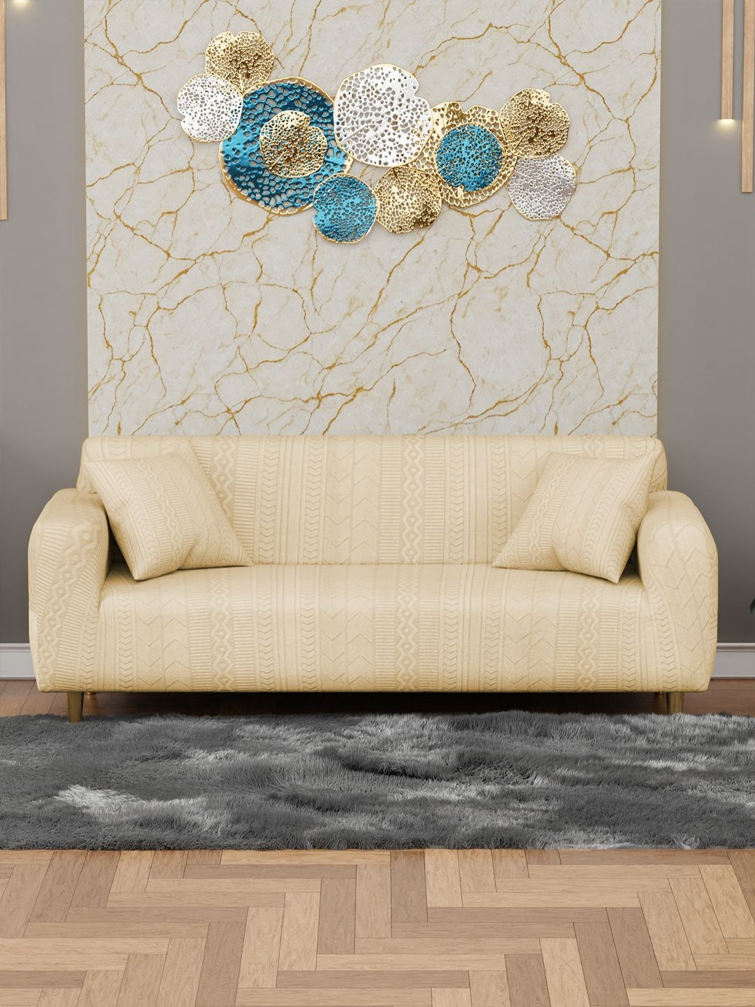 Myntra Elegant Homes Yellow Zigzag Pattern Three Seater Sofa Cover With 2 Cushion Covers