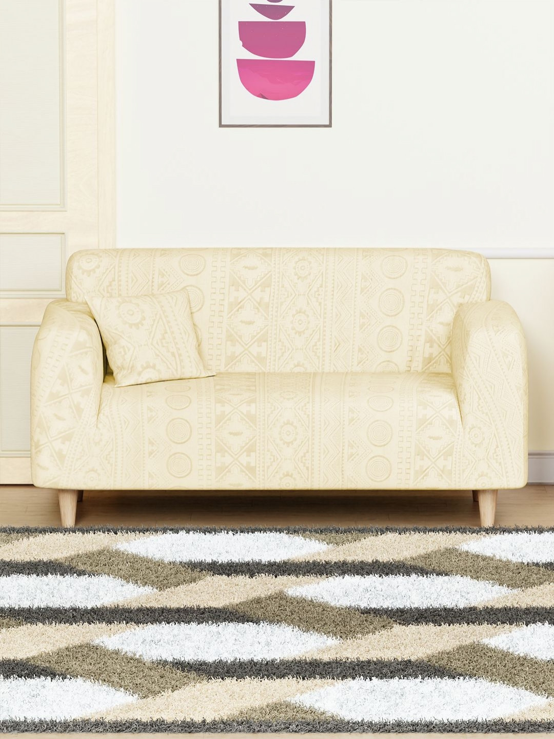 Myntra Elegant Homes Yellow Tribal Pattern 2 Seater Sofa Cover With Cushion Cover