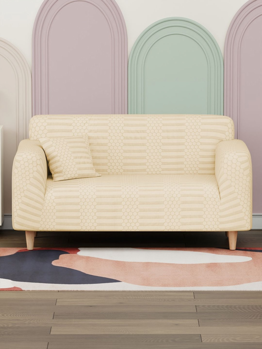 Myntra Elegant Homes Yellow Striped Sofa Cover With Arms & 1 Cushion Cover