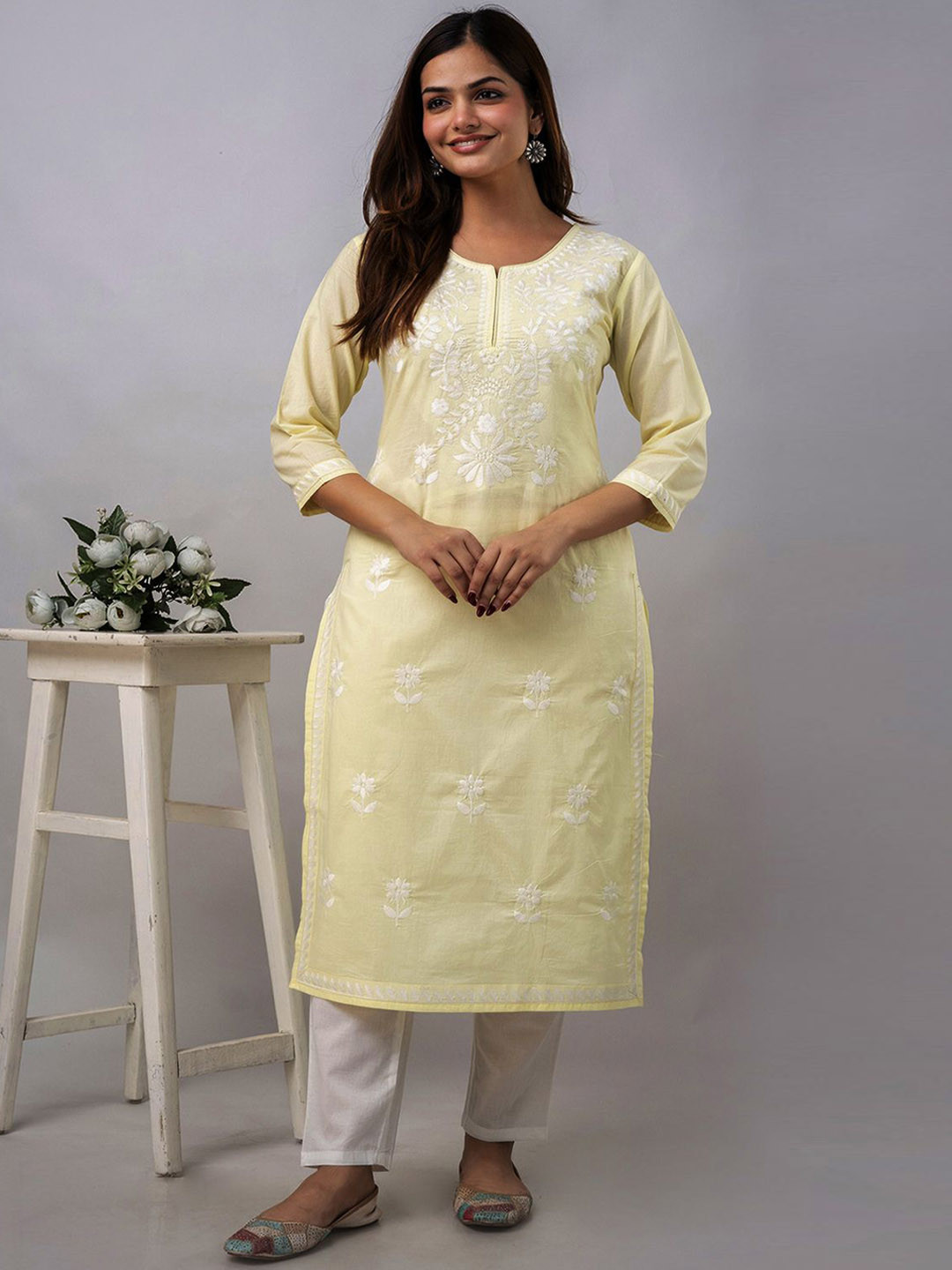 Amudee Fashion Women Embroidered Regular Chikankari Pure Cotton Kurta with Trousers