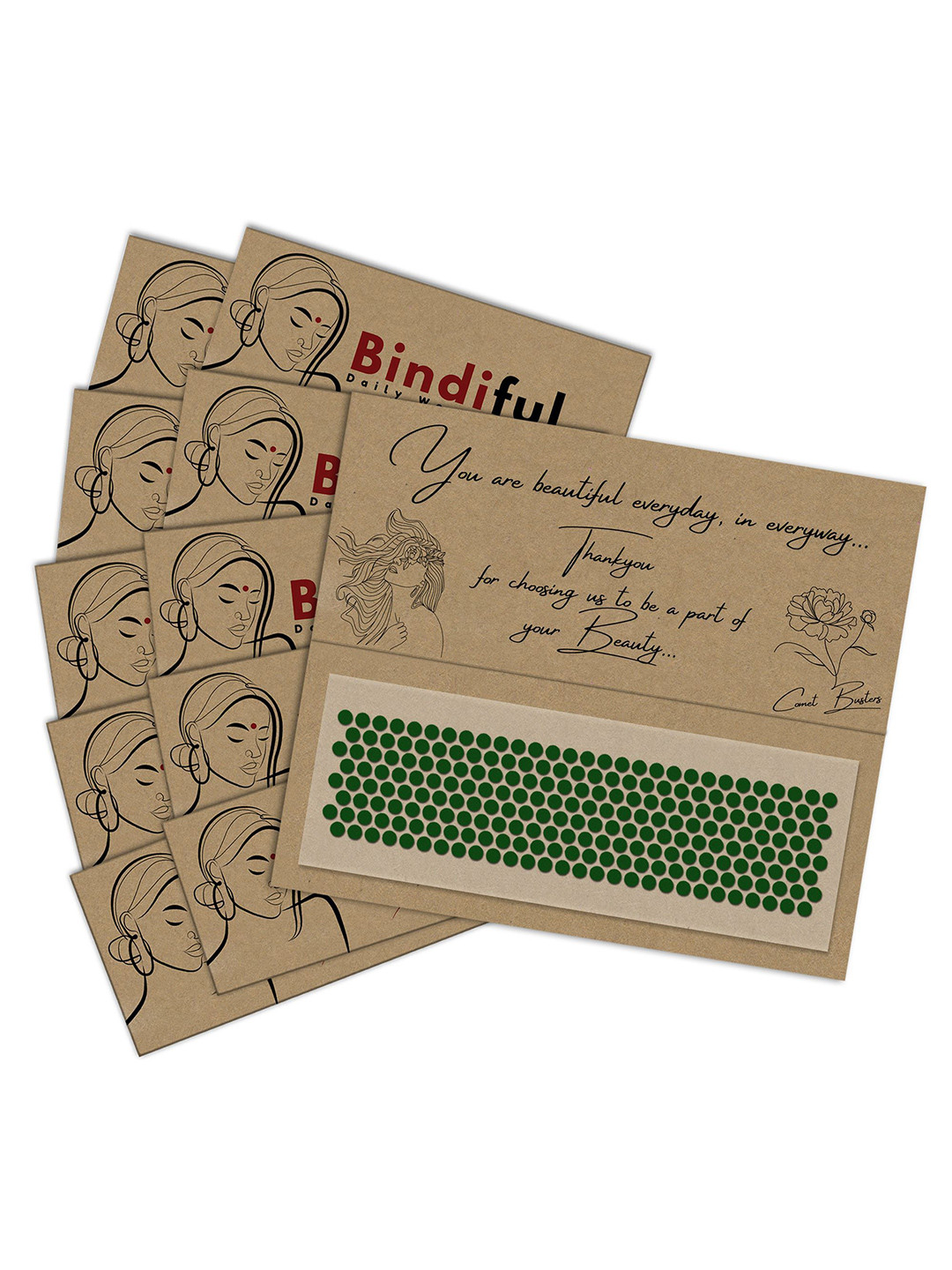 Comet Busters Bindiful Set Of 10 Traditional Round Designer Bindi - Dark Green