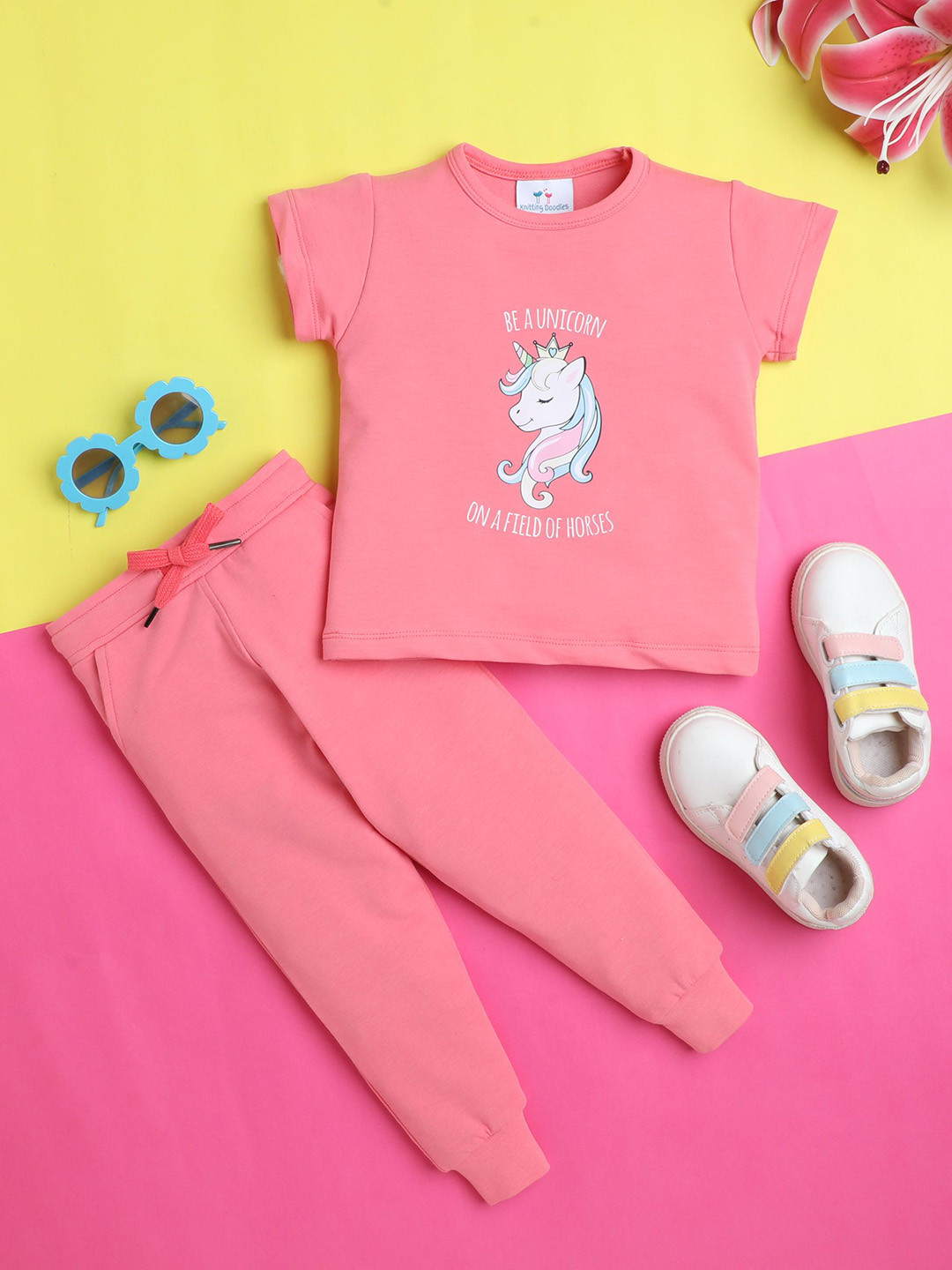 Knitting Doodles Girls Pure Cotton Printed Tracksuit