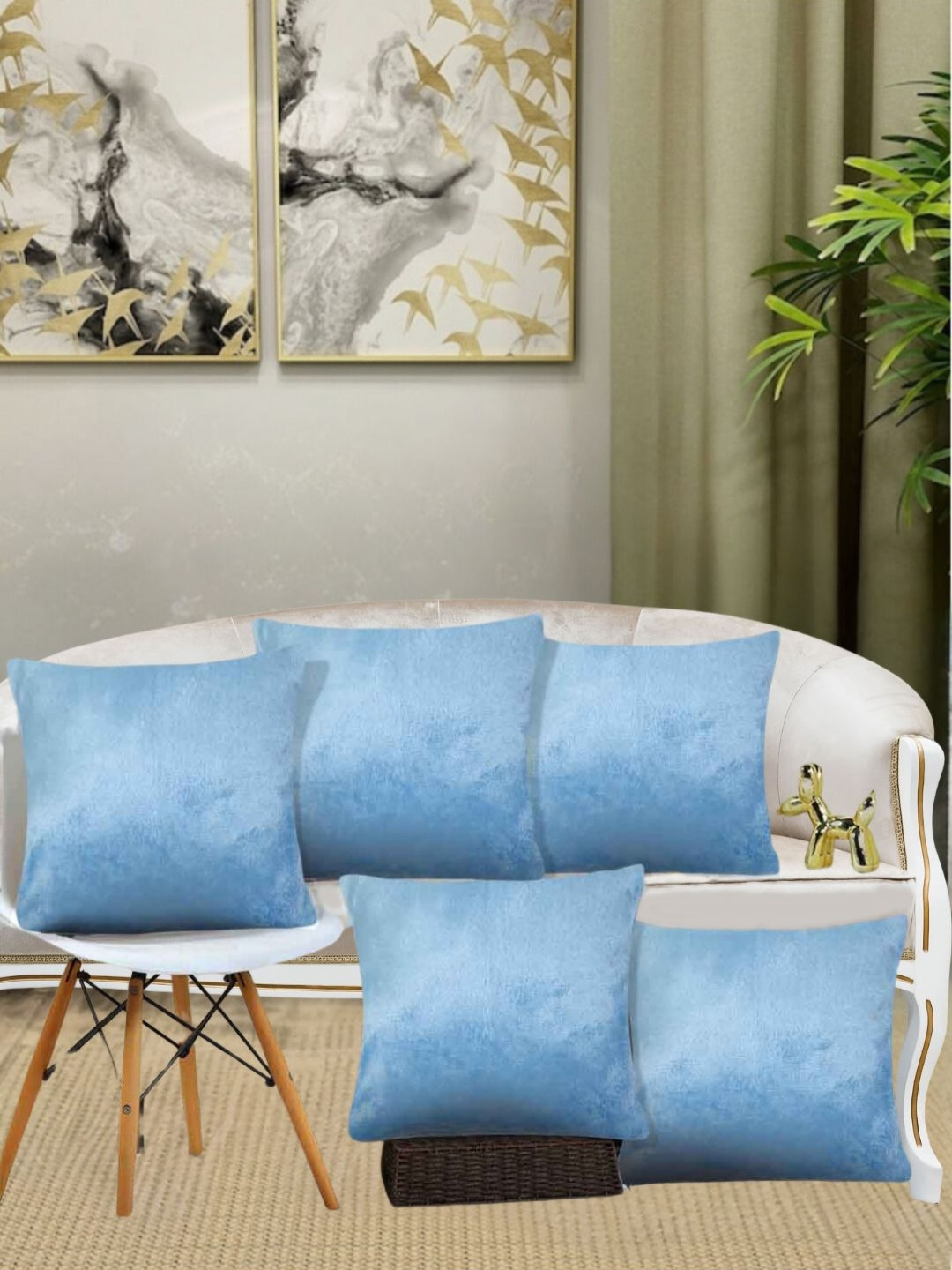 Aura Blue Wool Washable 5 Pcs Square Cushion Covers - 15.7 x 15.7 In