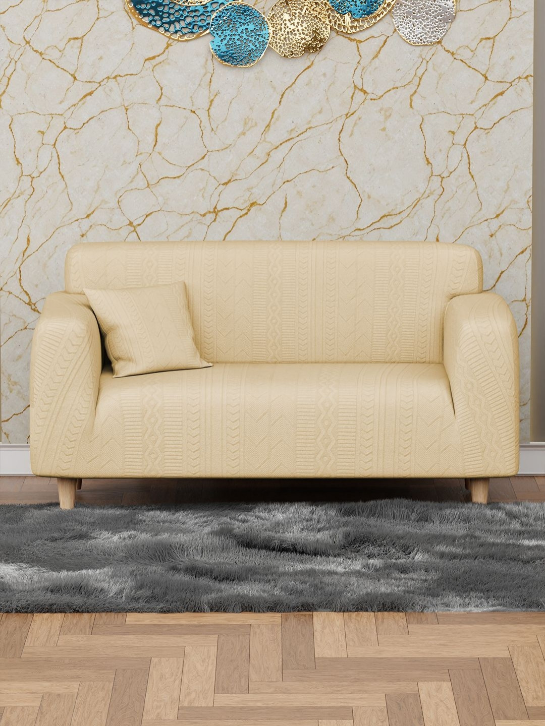 Myntra Elegant Homes Yellow Self Design Sofa Cover With Arms & 1 Cushion Cover
