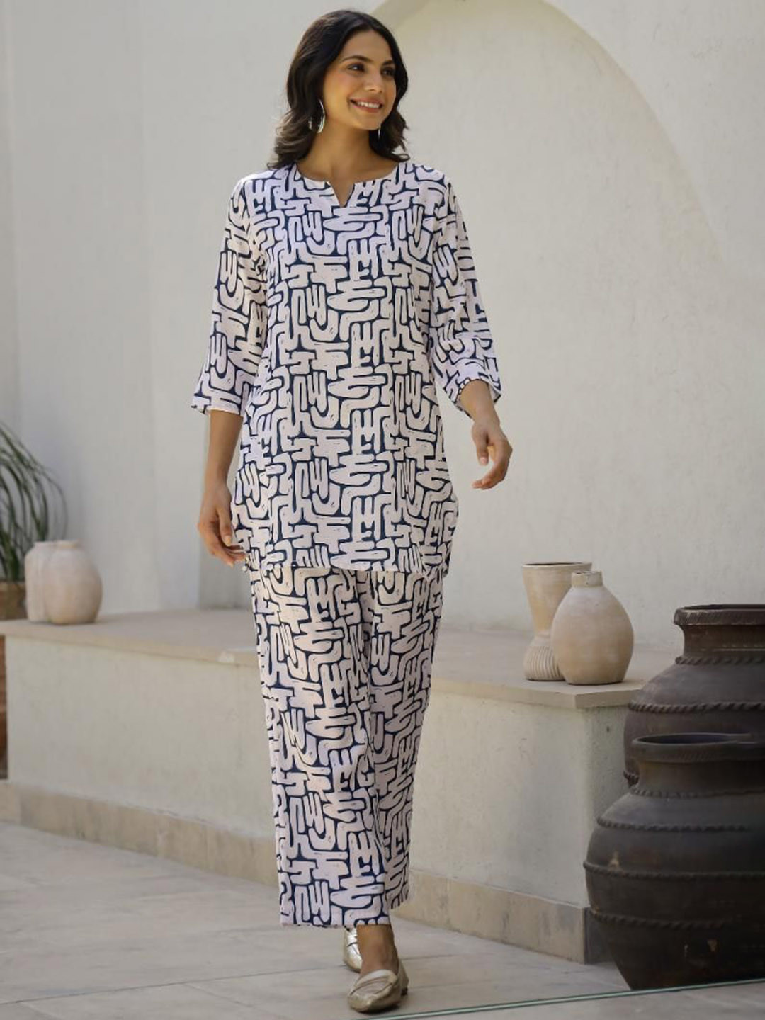 FLAVIA CREATION Notch Neck Printed Pure Cotton Tunic with Trouser