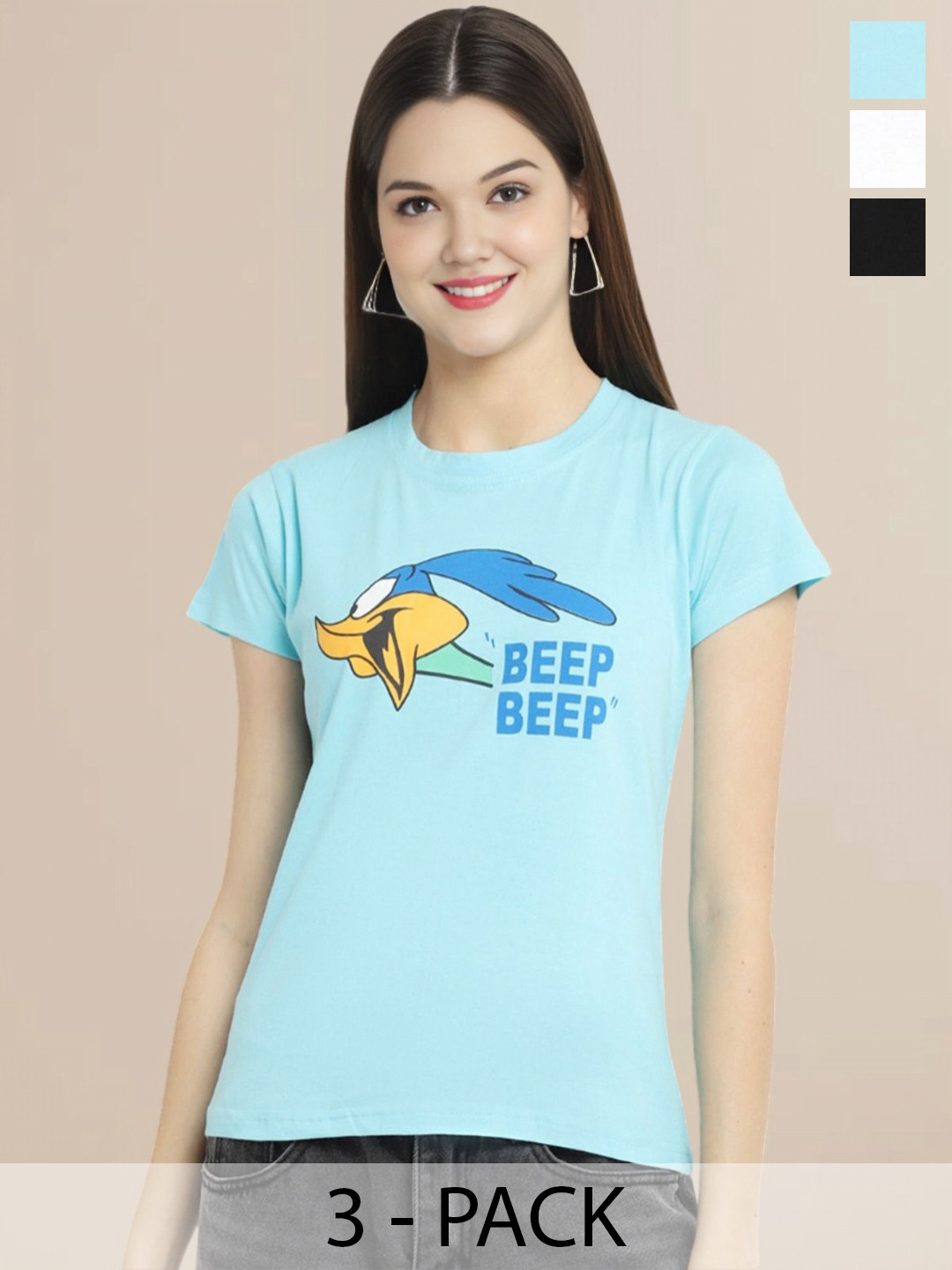 Metronaut Women Pack Of 3 Typography Printed Round Neck Cotton Looney Tunes T-shirts