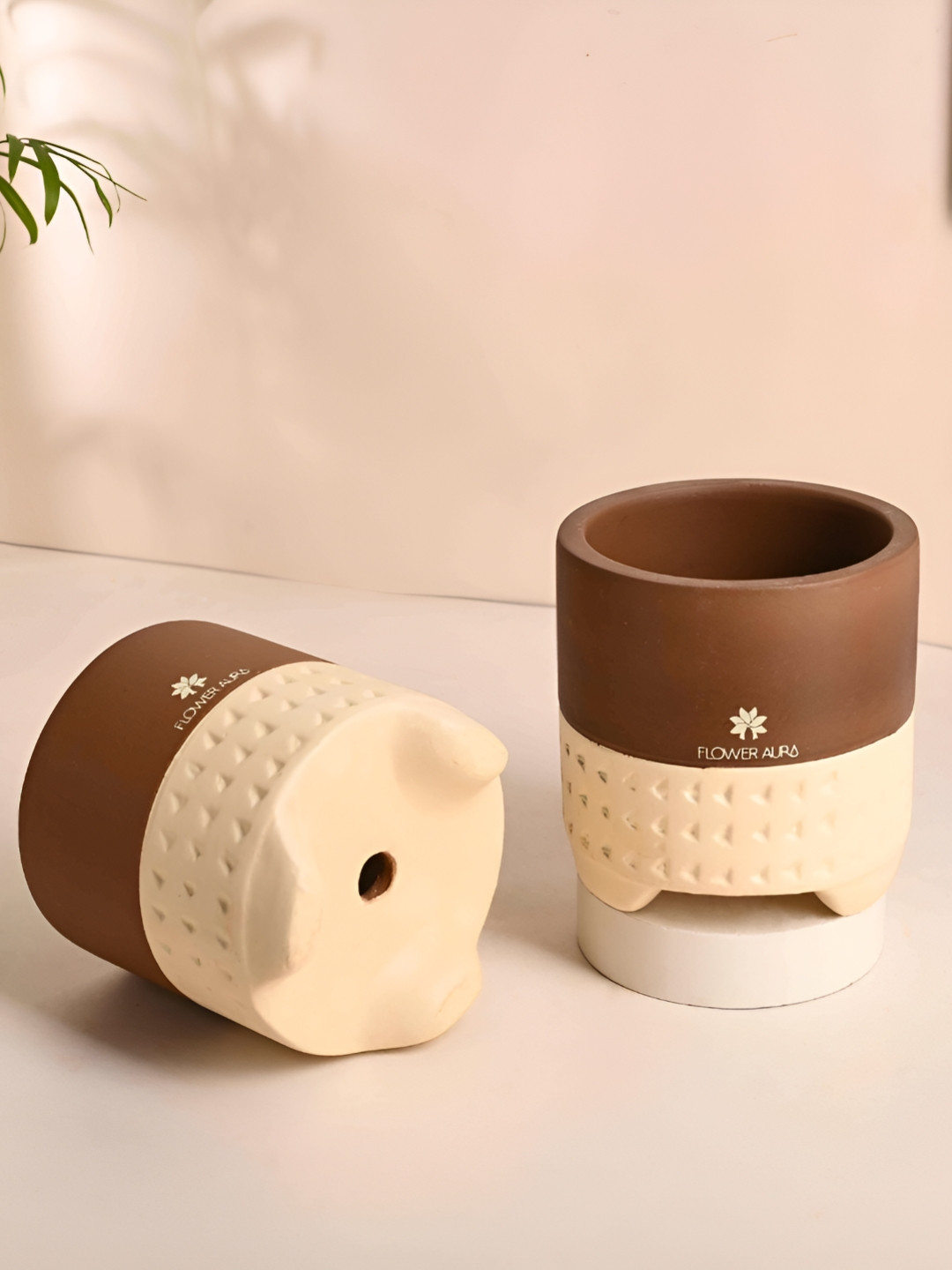 Floweraura Brown & Cream-Coloured 2 Pieces Textured Teracotta Planters Pot