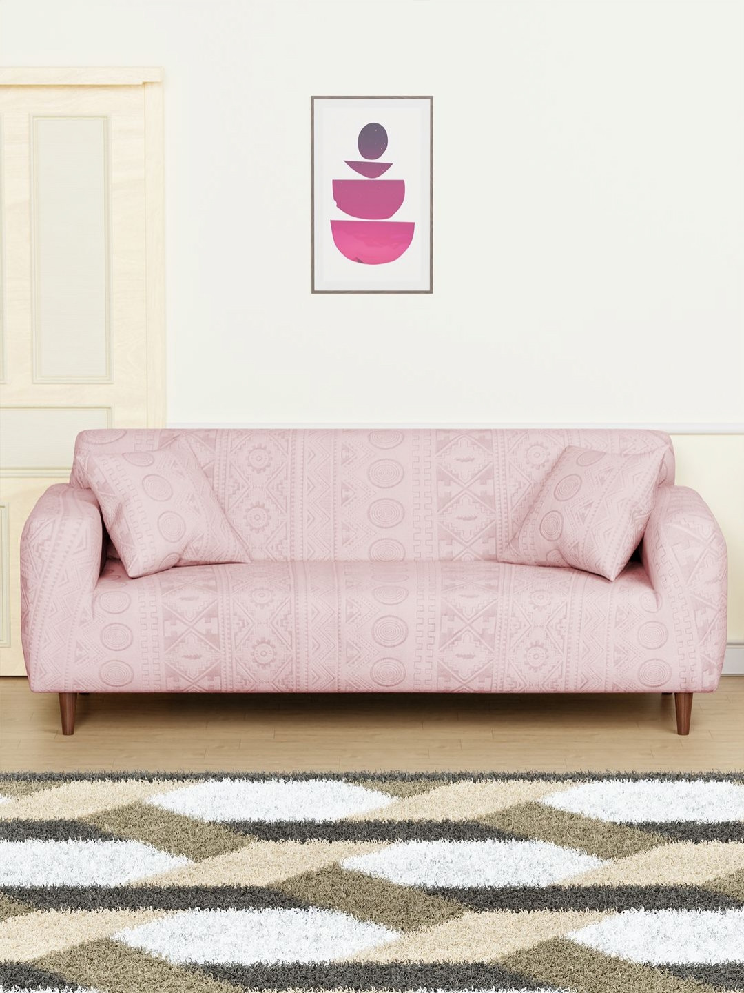 Myntra Elegant Homes Pink Tribal Pattern Three Seater Sofa Cover With Cushion Covers
