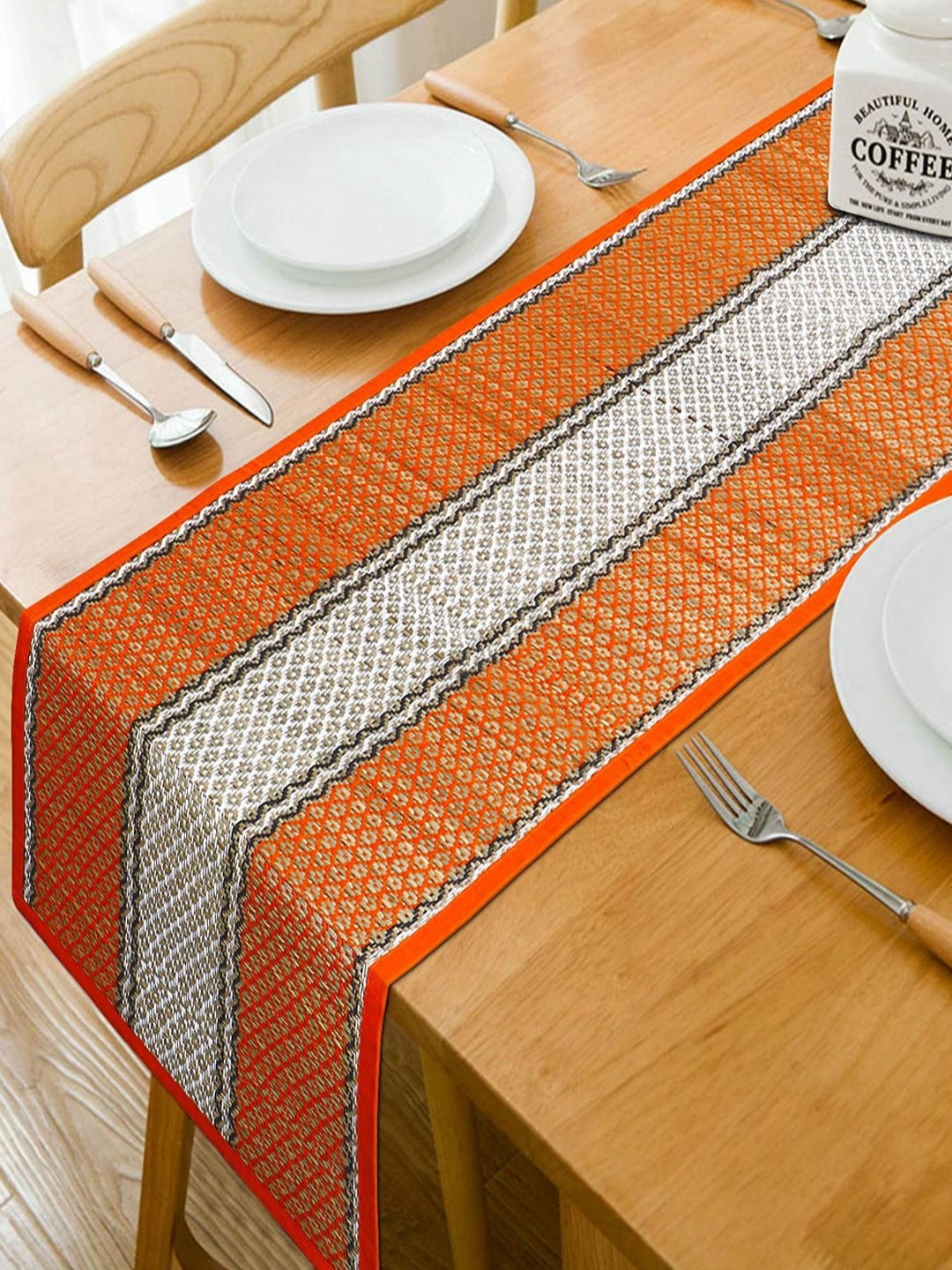 HOKIPO White & Orange Geometric Rectangular Table Runner