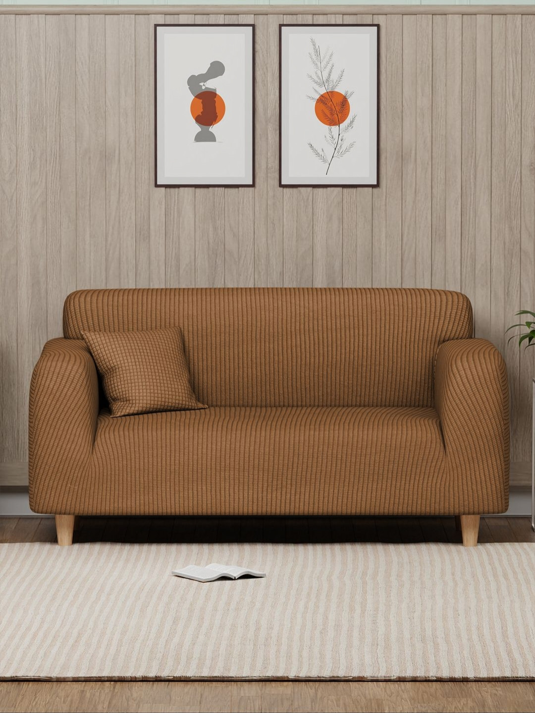 Myntra Elegant Homes Beige Textured Two Seater Sofa Cover With Cushion Cover