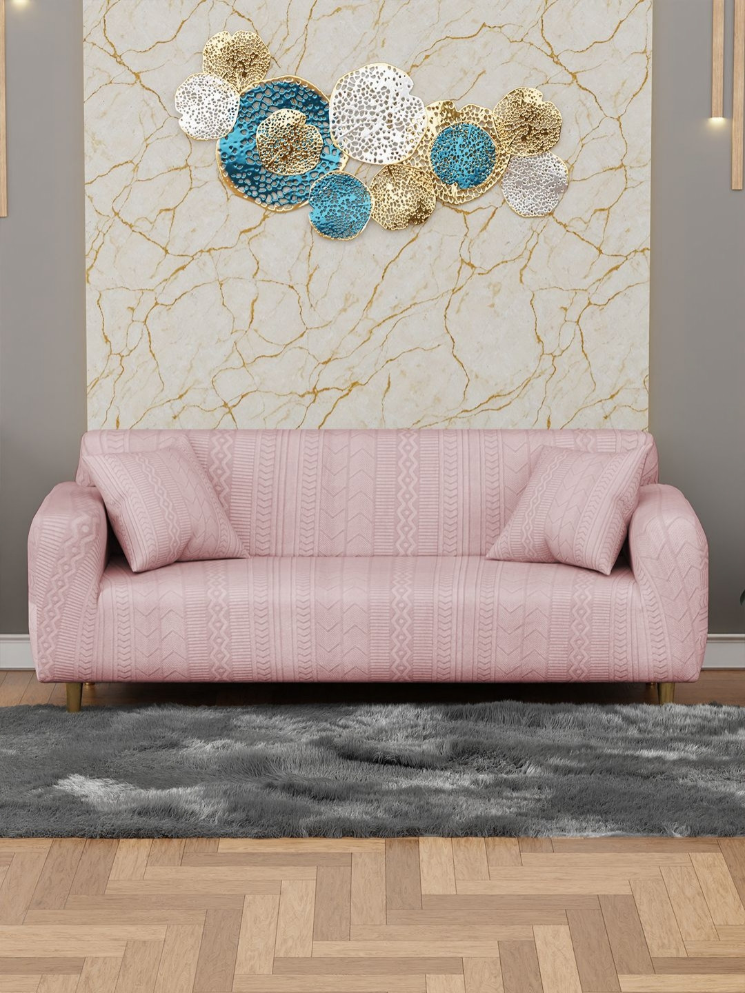 Myntra Elegant Homes Pink Zigzag Pattern Sofa Cover With 2 Cushion Covers