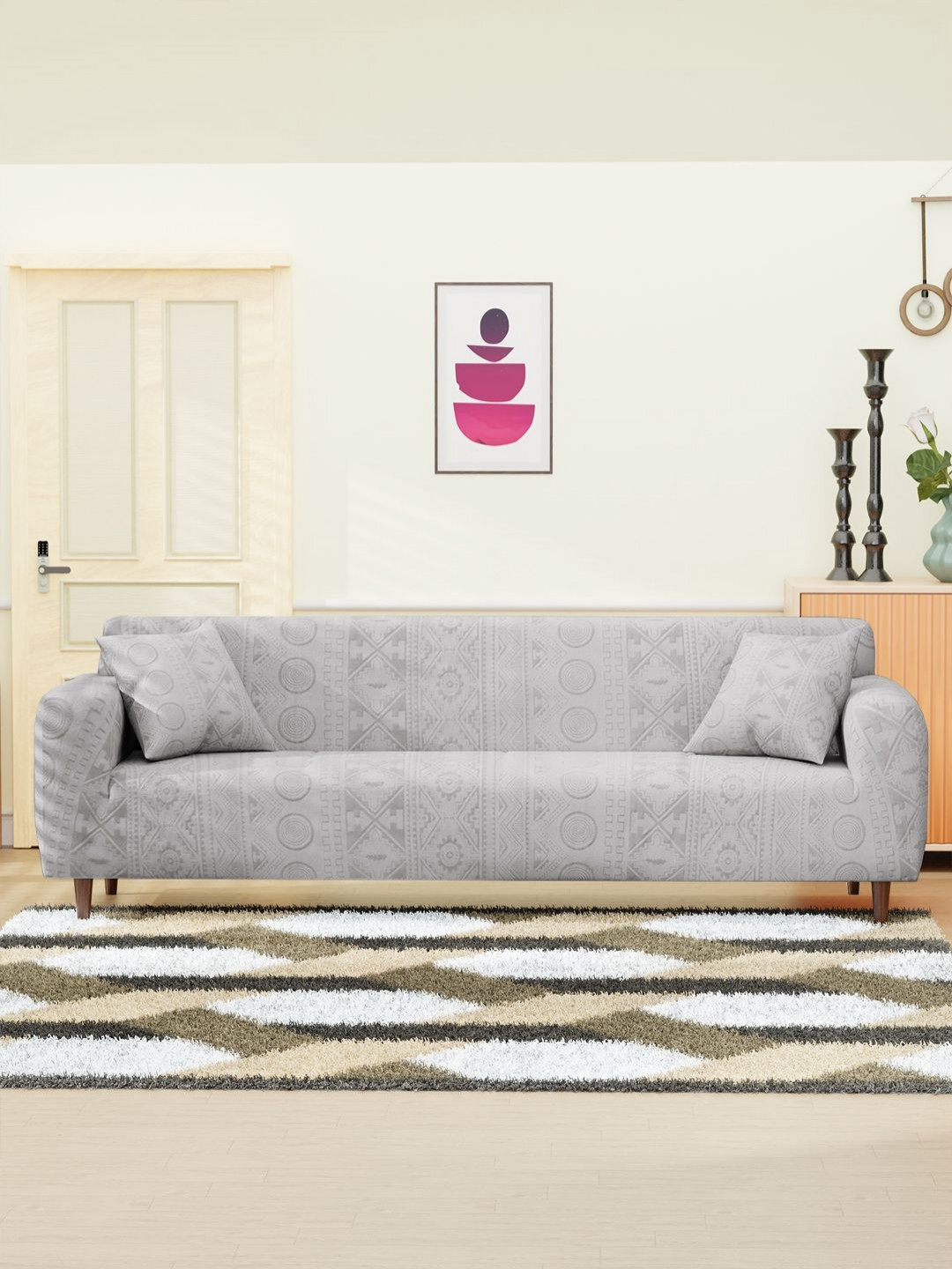 Myntra Elegant Homes Grey Tribal Pattern Jacquard Sofa Cover With 2 Cushion Covers