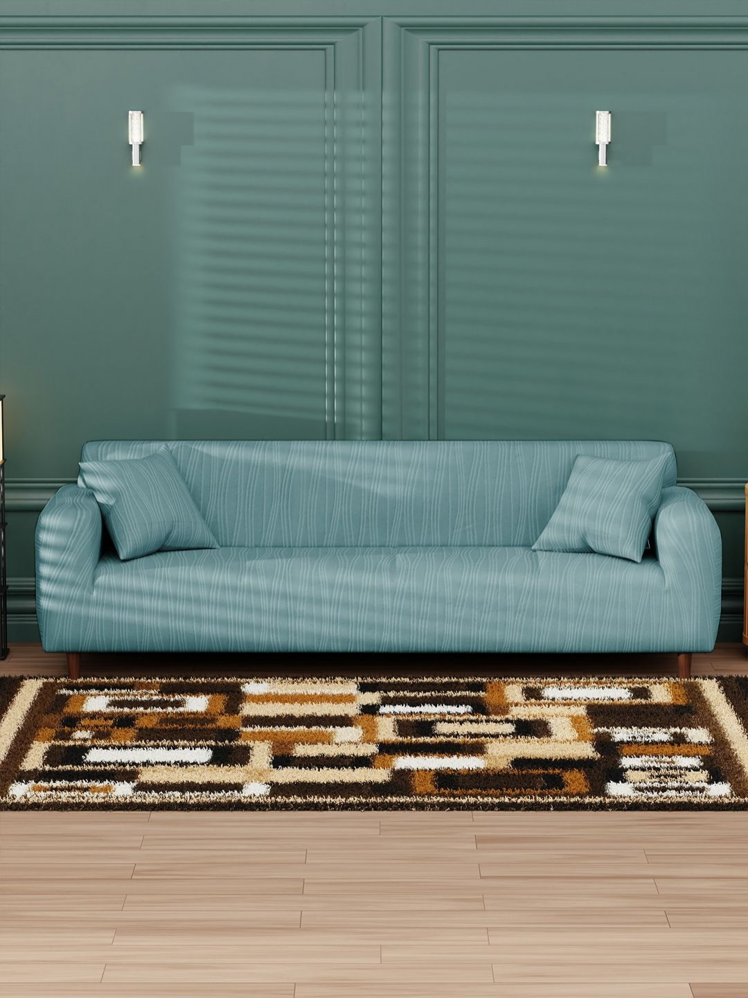 Myntra Elegant Homes Blue Wavy Stripes Pattern Sofa Cover With Cushion Covers