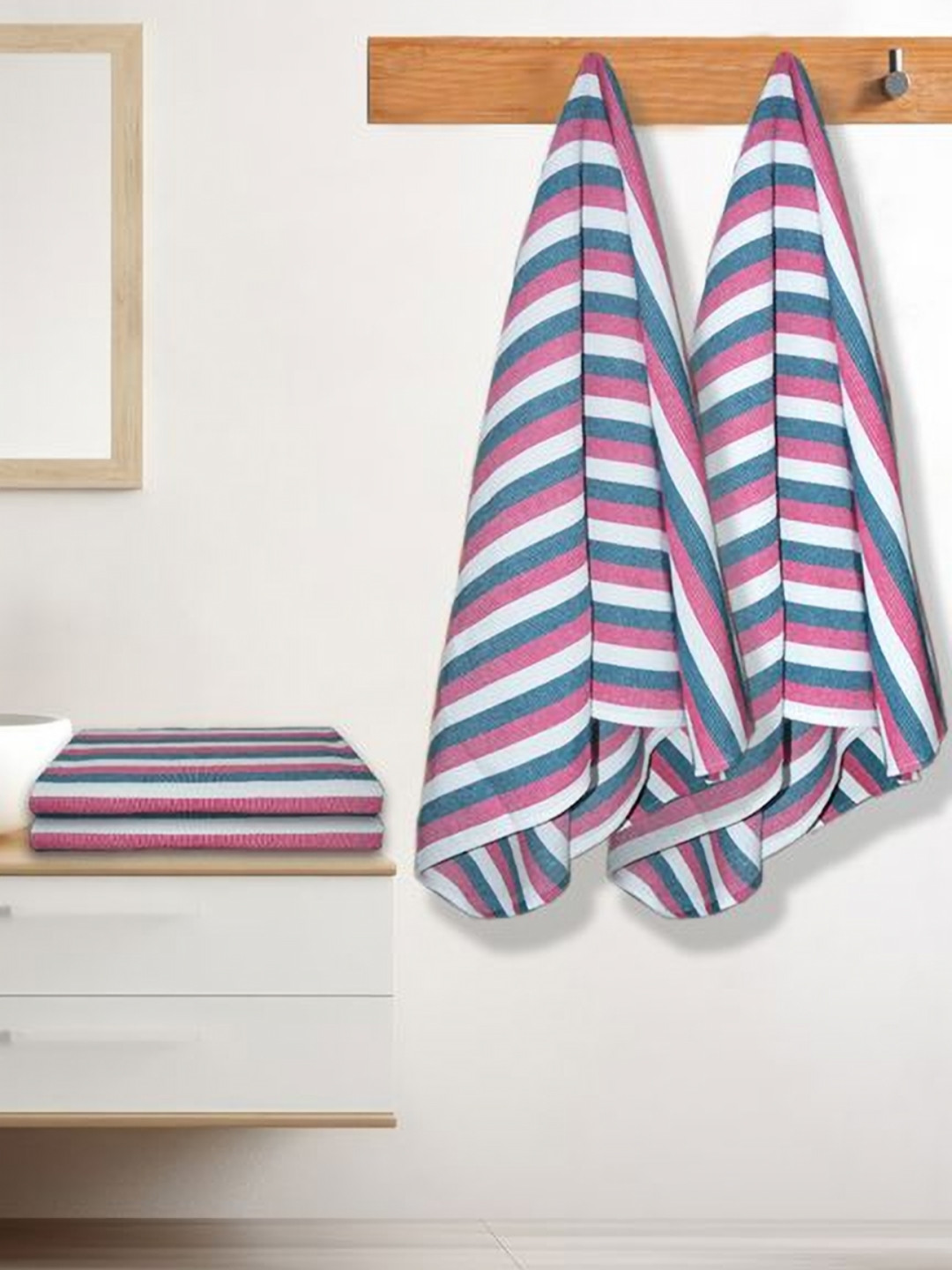Athom Living Iris Red & White 4 Pieces Striped Printed Cotton 210 GSM Bath Towels