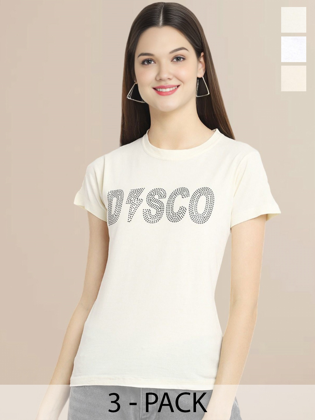 Metronaut Women Pack Of 3 Typography Printed Round Neck Cotton Donald Duck T-shirts