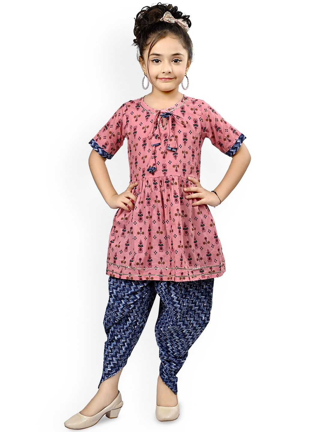 Arshia Fashions Girls Floral Printed Pleated Kurti with Dhoti Pants
