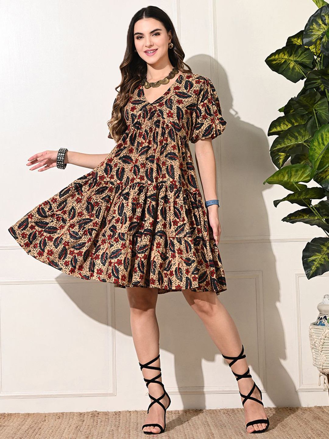 DECKEDUP Tropical Print Ruffled Fit & Flare Mini Dress