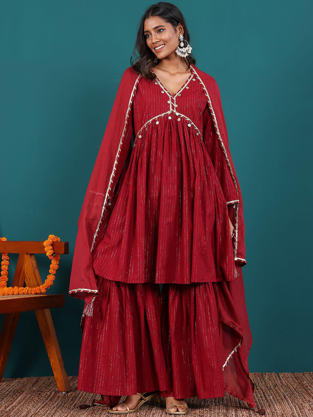 Chowkhat Women Embroidered Empire Beads and Stones Kurta with Sharara & With Dupatta