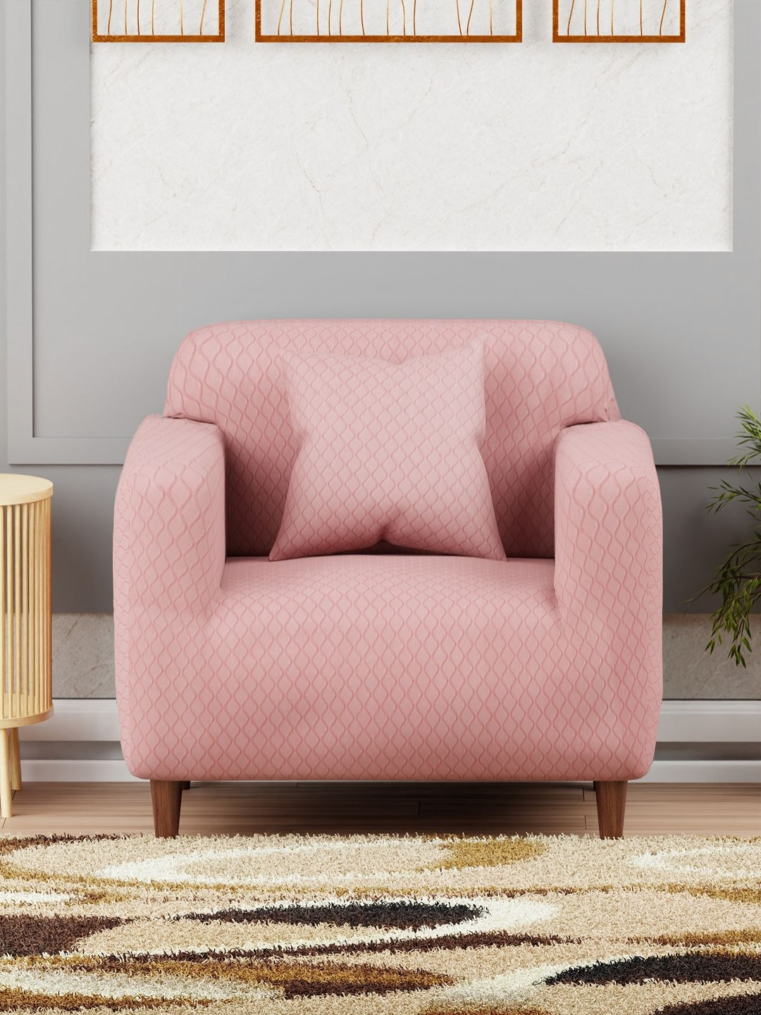 Myntra Elegant Homes Pink Curved Diamond Pattern Single Seater Sofa Cover & Cushion Cover