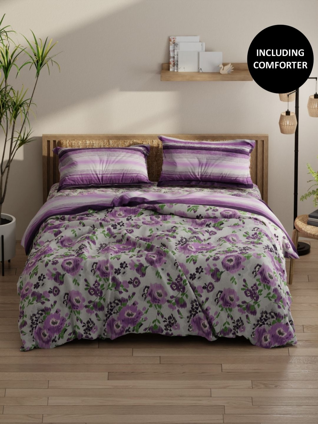 KOPA Grey & Purple 4 Pcs Floral Printed Cotton Queen Comforter & Bedsheet 2 Pillow Covers