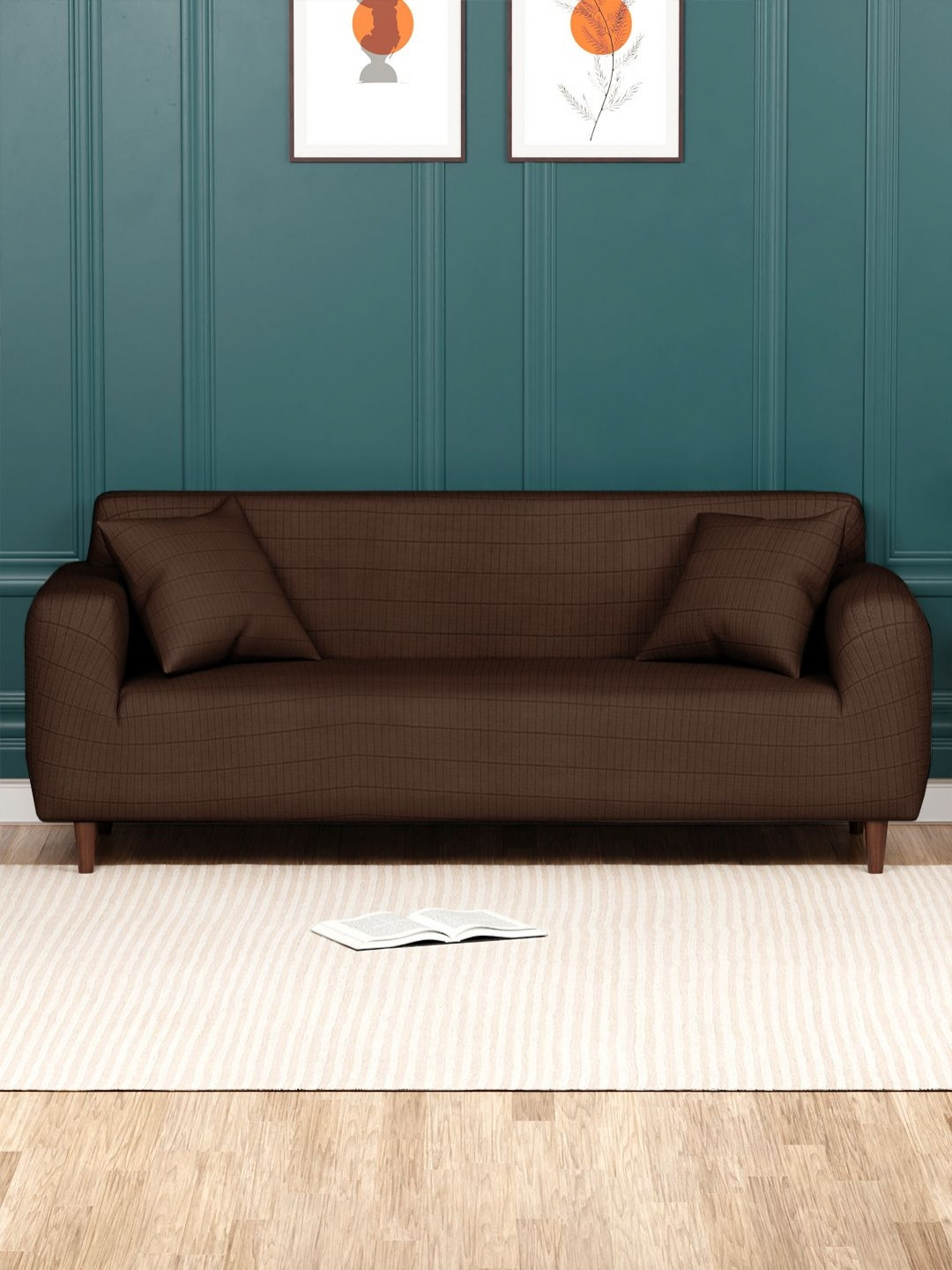 Myntra Elegant Homes Brown Self Design Three Seater Sofa Cover With 2 Cushion Covers