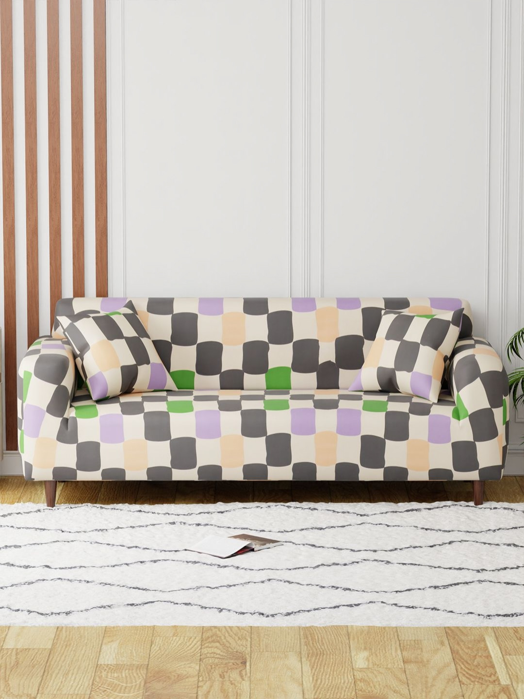 Myntra Elegant Homes Cream-Coloured Checked 3 Seater Sofa Cover With 2 Cushion Covers