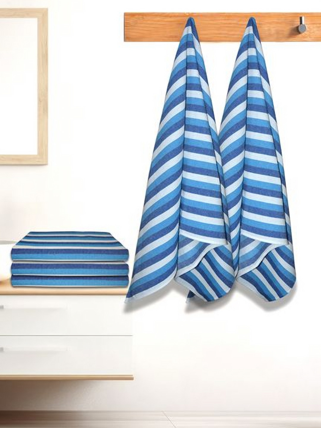 Athom Living Iris Blue & White 5 Pieces Striped Printed Cotton 210 GSM Bath Towels