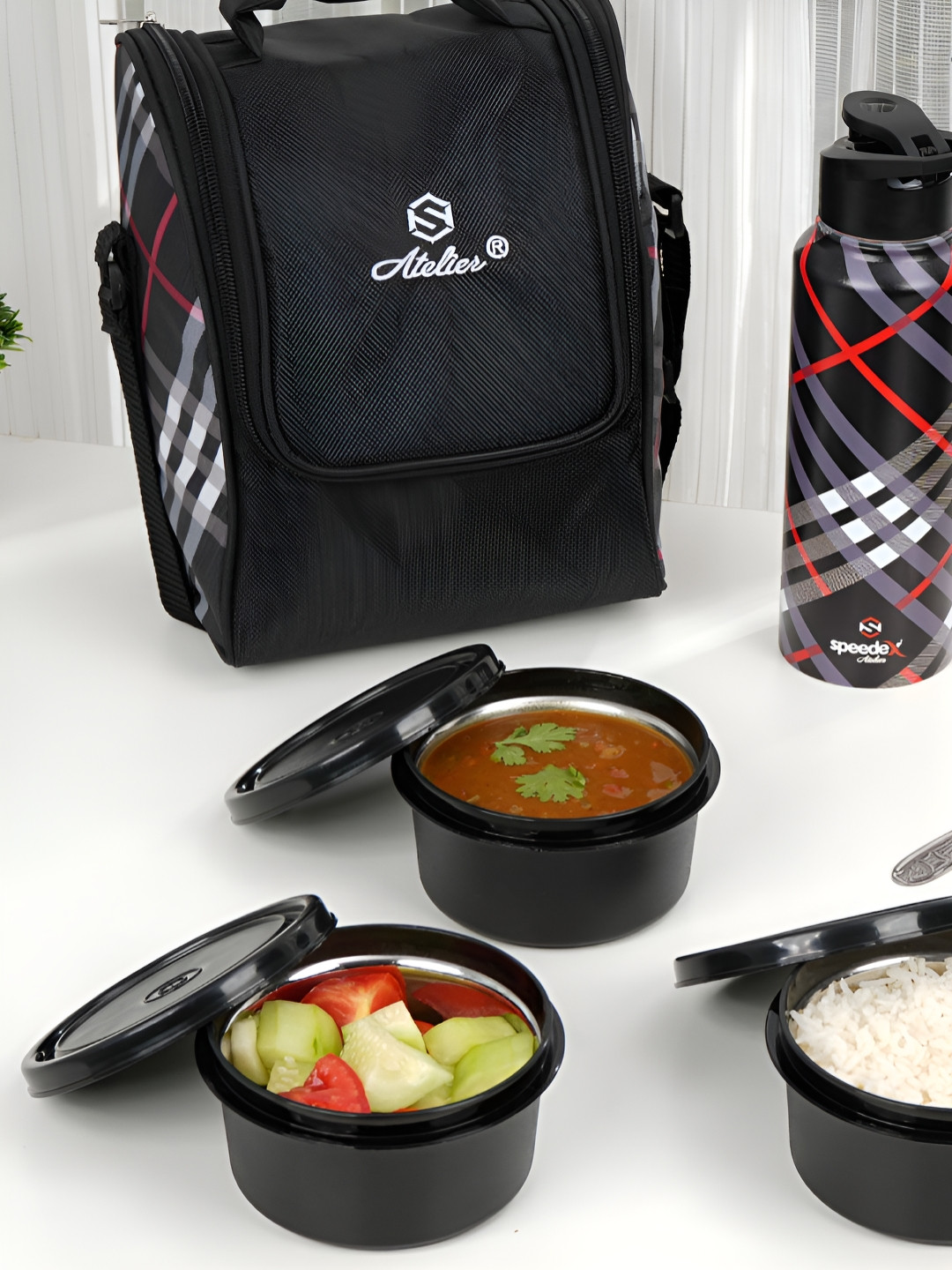 Speedex Lunchmate Black Solid Plastic Easy to Clean 4PCs Lunch Box With Spoon and Fork