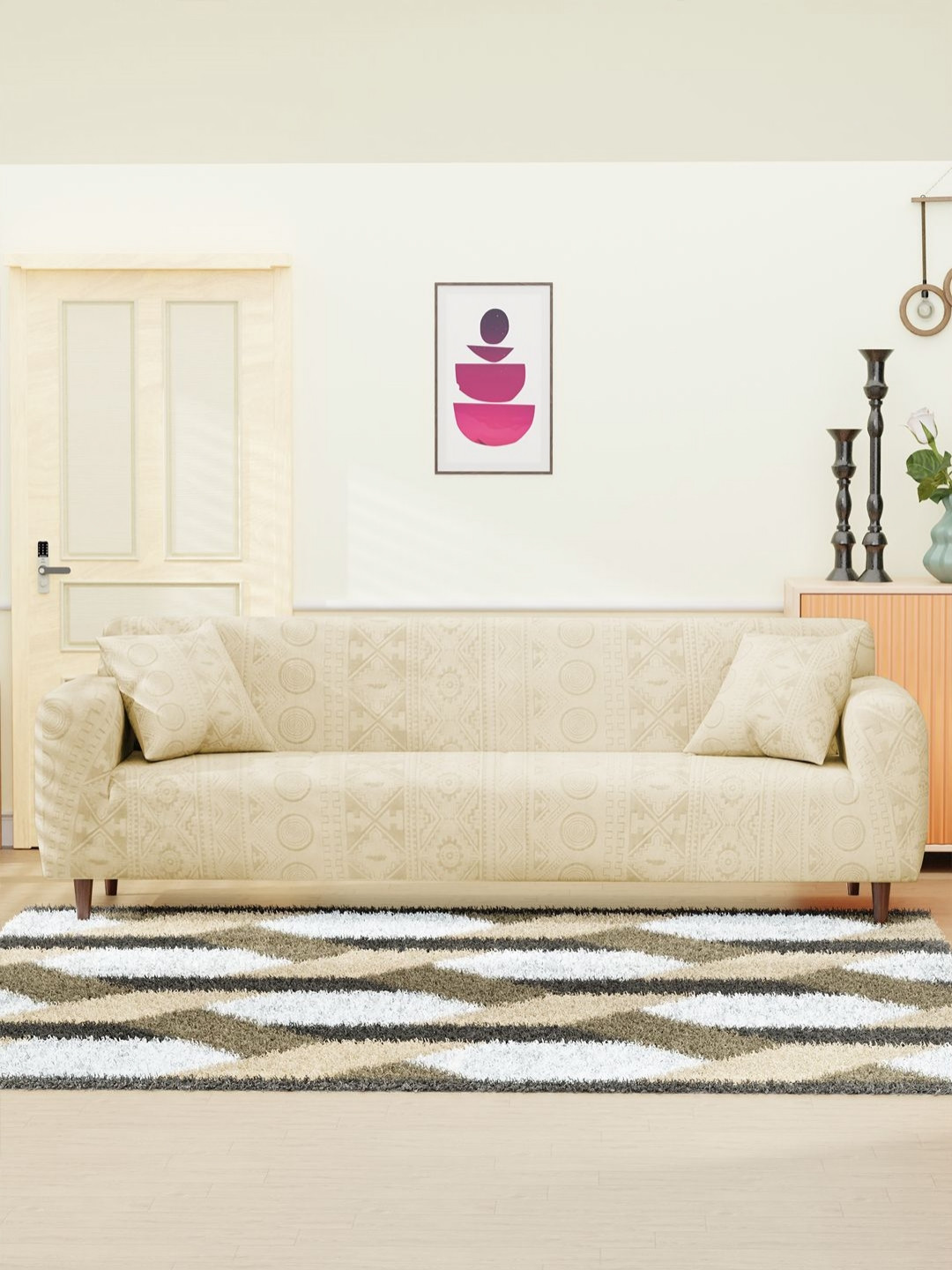 Myntra Elegant Homes Yellow Printed Jacquard Sofa Cover With Arms & 2 Cushion Covers