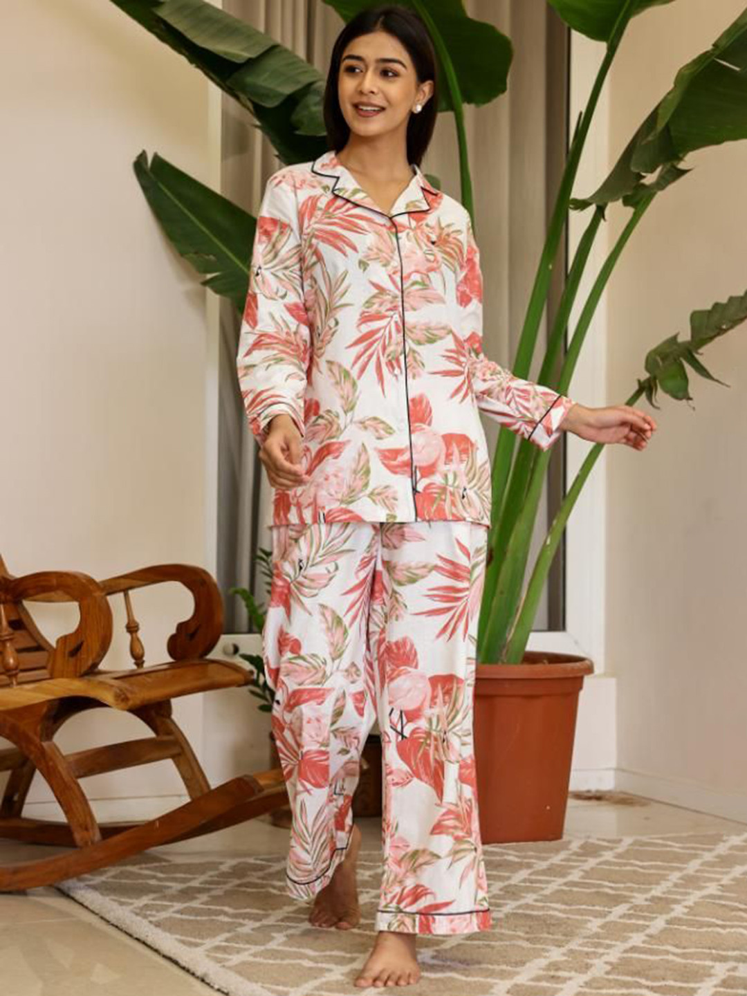 FLAVIA CREATION Lapel Collar Printed Pure Cotton Shirt with Pyjama