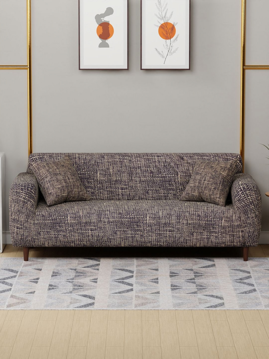 Myntra Elegant Homes Brown Self Design Three Seater Sofa Cover With 2 Cushion Covers