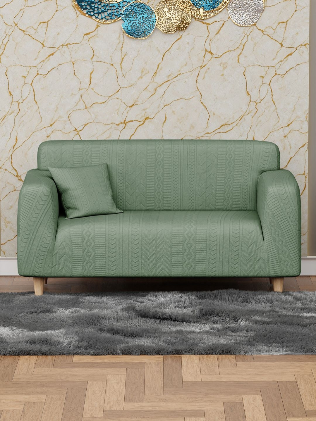 Myntra Elegant Homes Green Zigzag Pattern Two Seater Sofa Cover With Cushion Cover