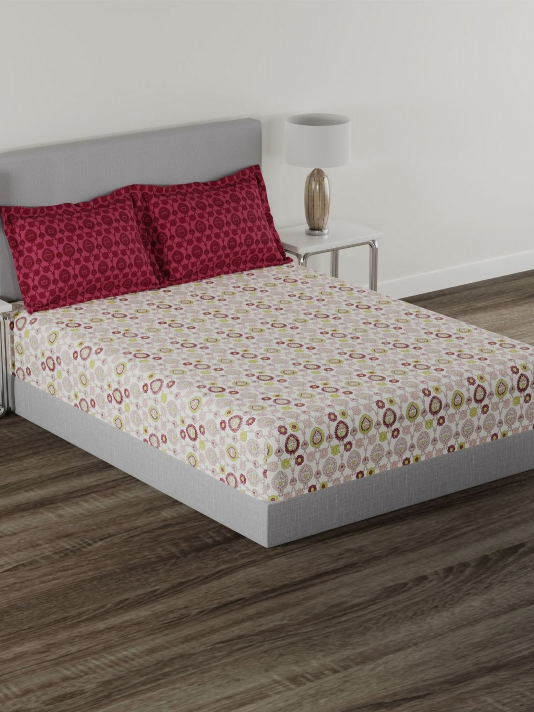 MYTRIDENT Carnival White Floral Cotton 144 TC Queen Bedsheet with 2 Pillow Covers-90 x 100 inches