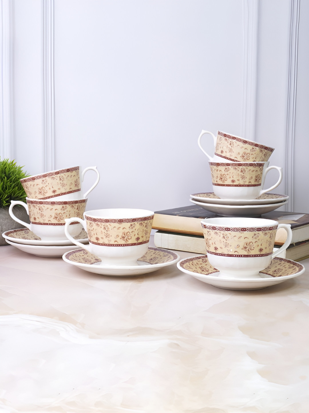 UPC White Ethnic Motifs Ceramic Microwave Safe 12 Piece Cups-180ml