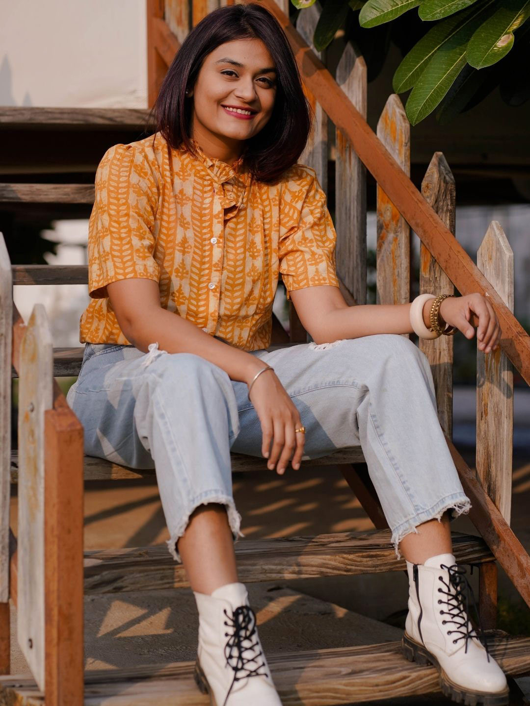 SASSY SAJJA Floral Print Mandarin Collar Cotton Shirt Style Top