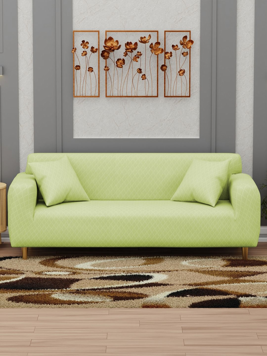 Myntra Elegant Homes Green Curved Diamond Pattern Sofa Cover With Cushion Covers