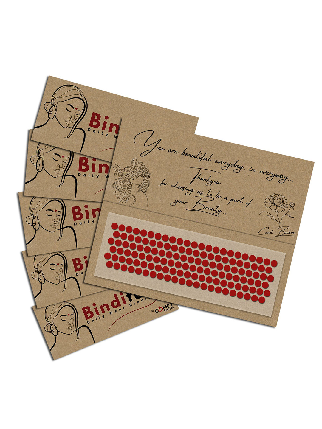 Comet Busters Bindiful Set Of 5 Traditional Round Bindi - Red