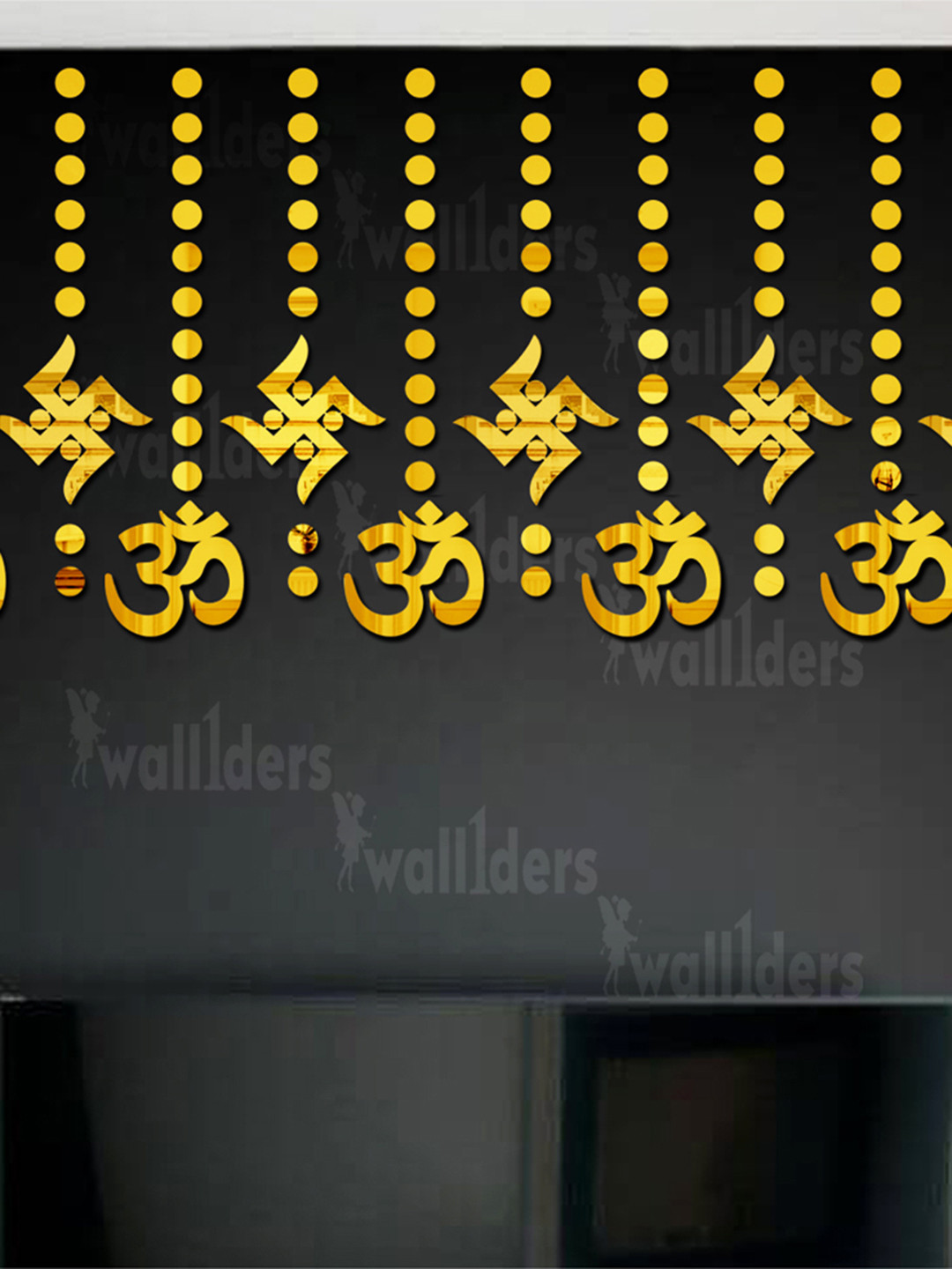 Wall1ders Gold Toned 110 Pieces OM, Swastik & Dot 3D Mirror Wall Stickers
